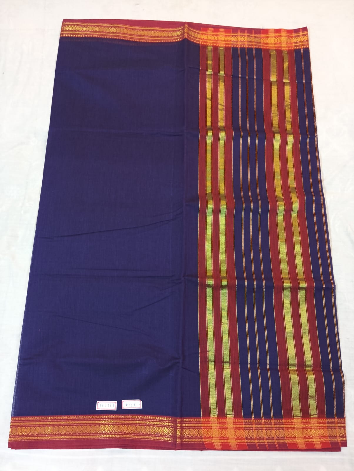 Dark Purple Saree with Maroon Border & Golden Striped Anchal