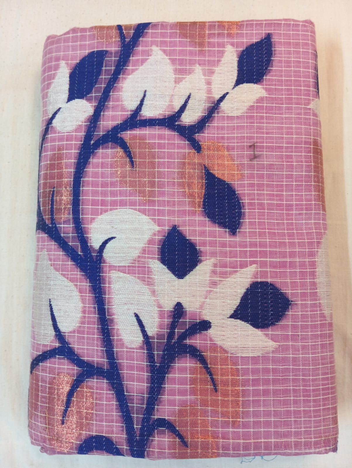 Light Baby Pink Kota Check Saree with Fancy Buti, Royal Blue Border & Rich Pallu