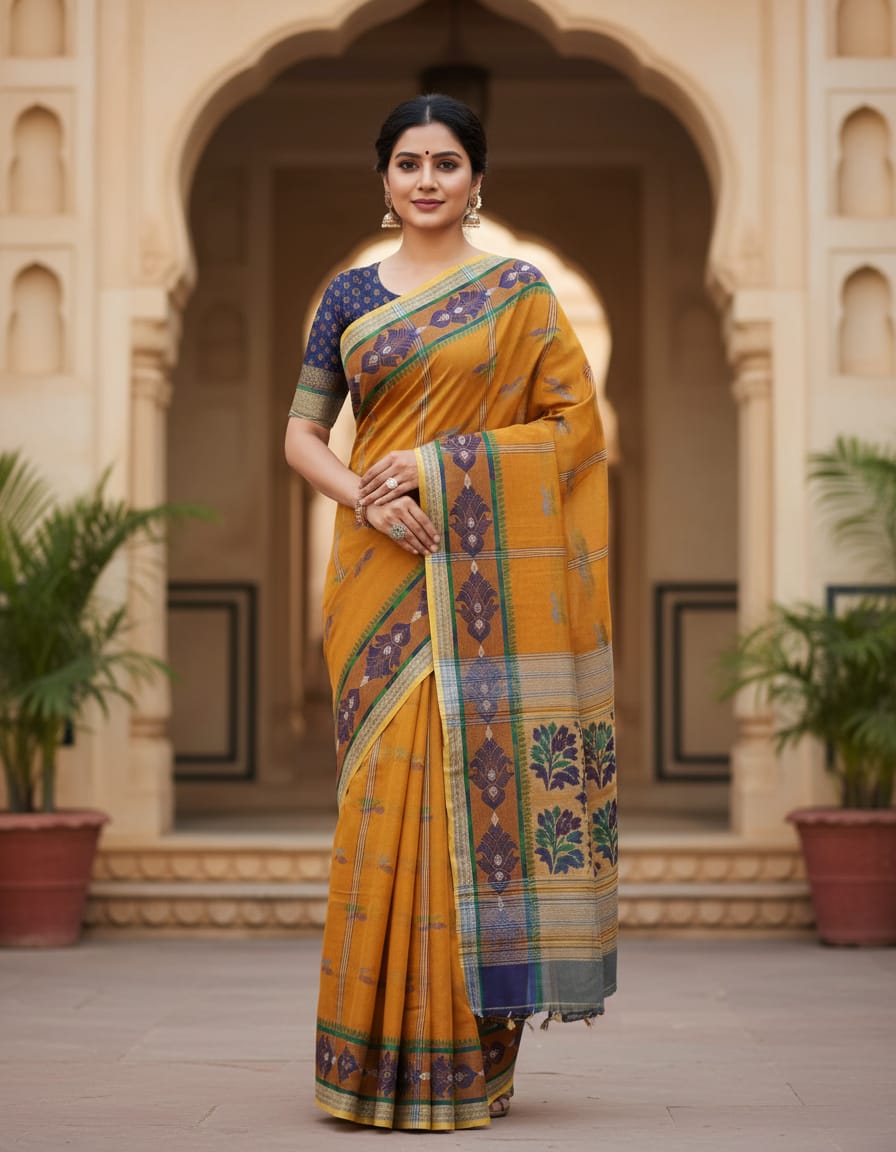 Mustard Buti Handloom Cotton Saree with Woven Motifs