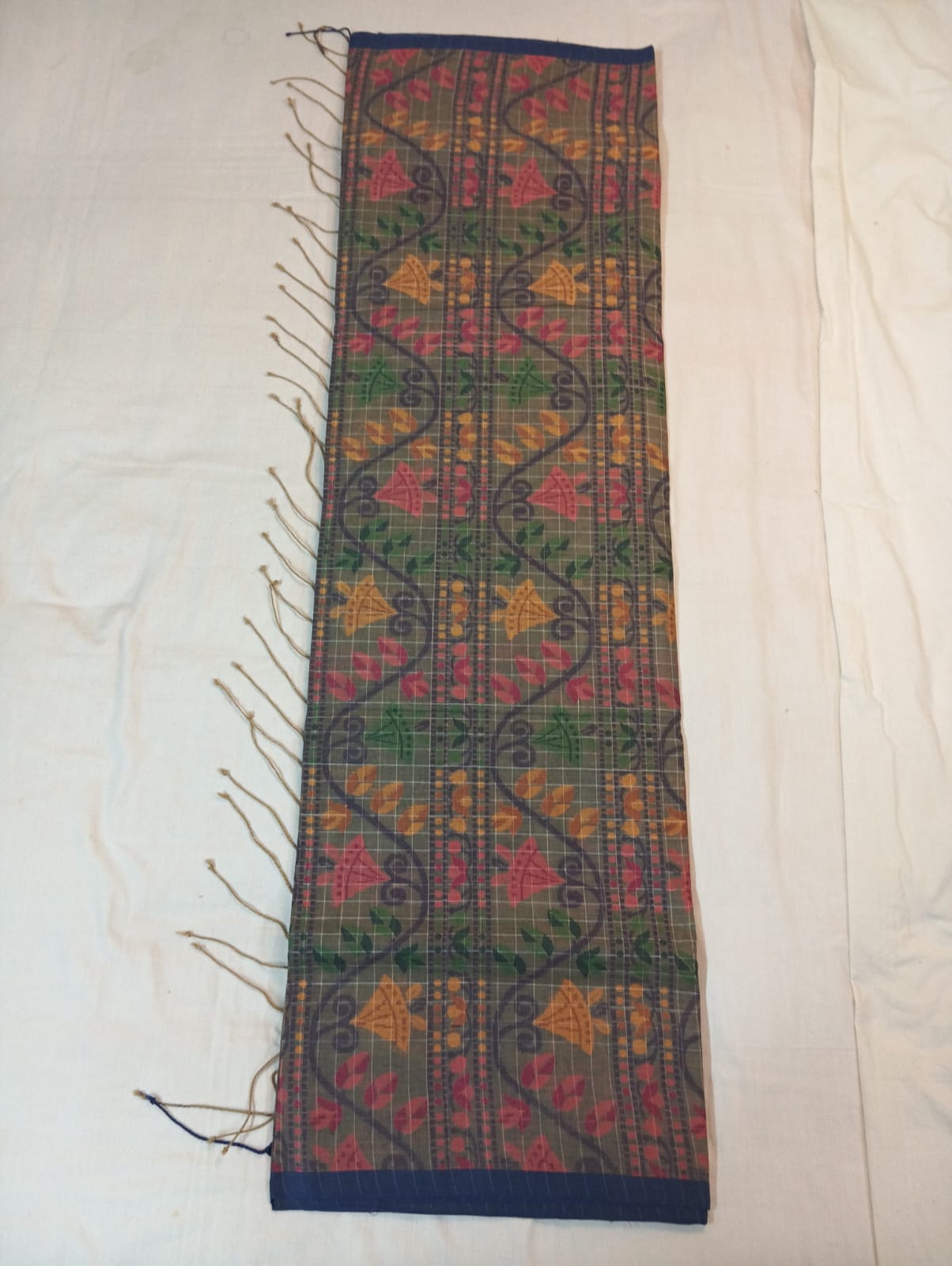 Light Grey Bonolota Kota Check Saree with Pink & Yellow Floral Motifs and Rich Pallu