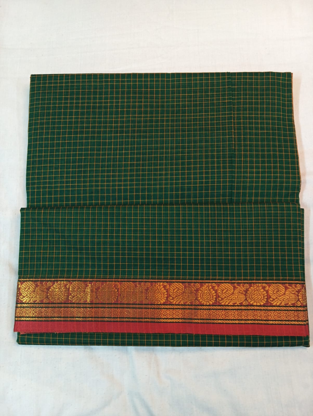 Mehendi Green Check Saree with Red & Golden Border (With Blouse Piece)