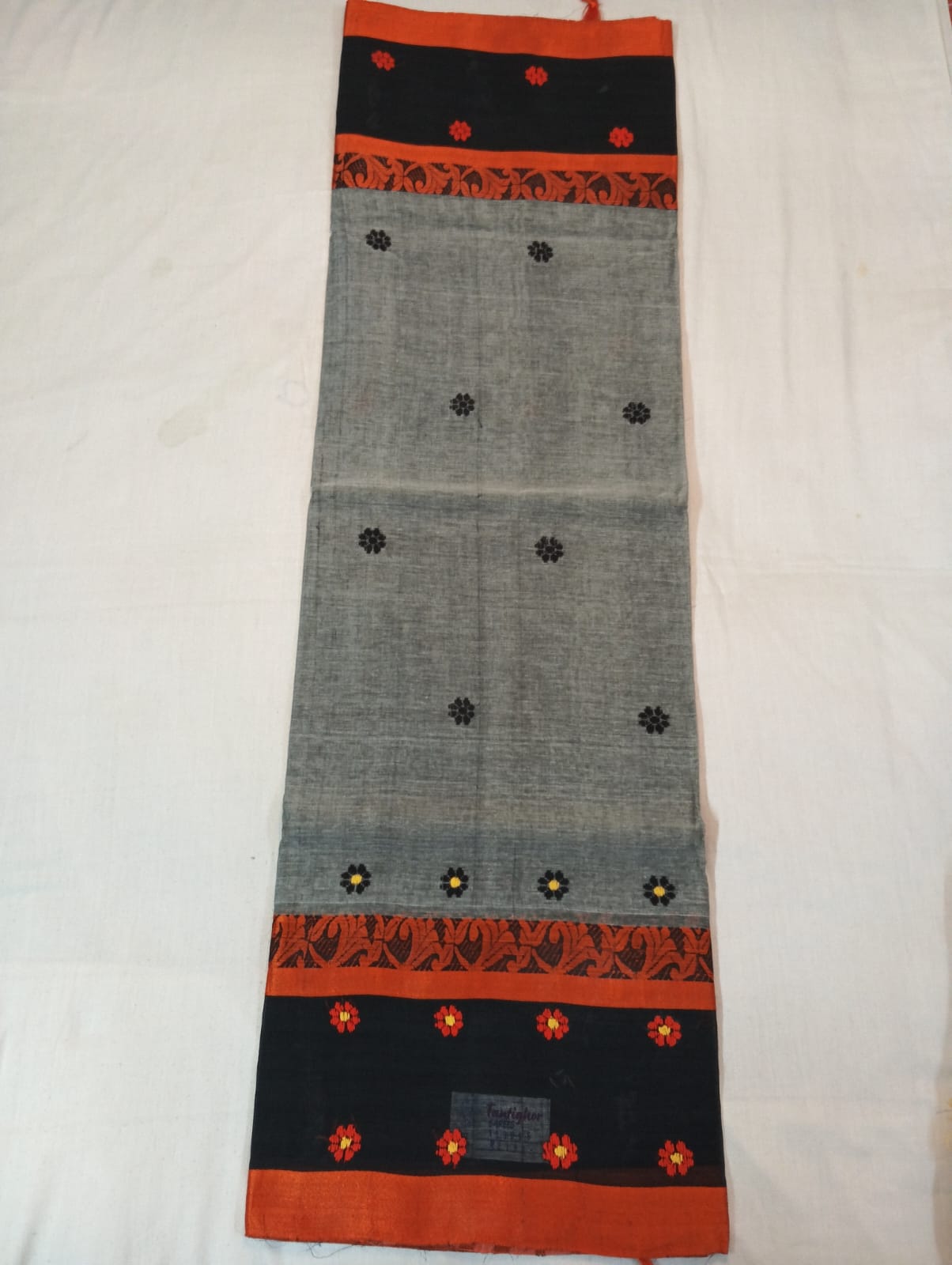 Grey Handloom Buti Saree with Orange Strip and Black Border with Orange Buti