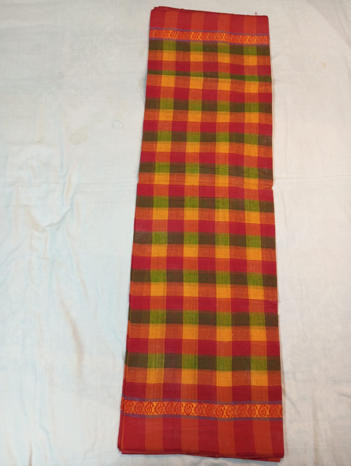 Double Color Yellow & Green Medium Check Saree with Orange Border