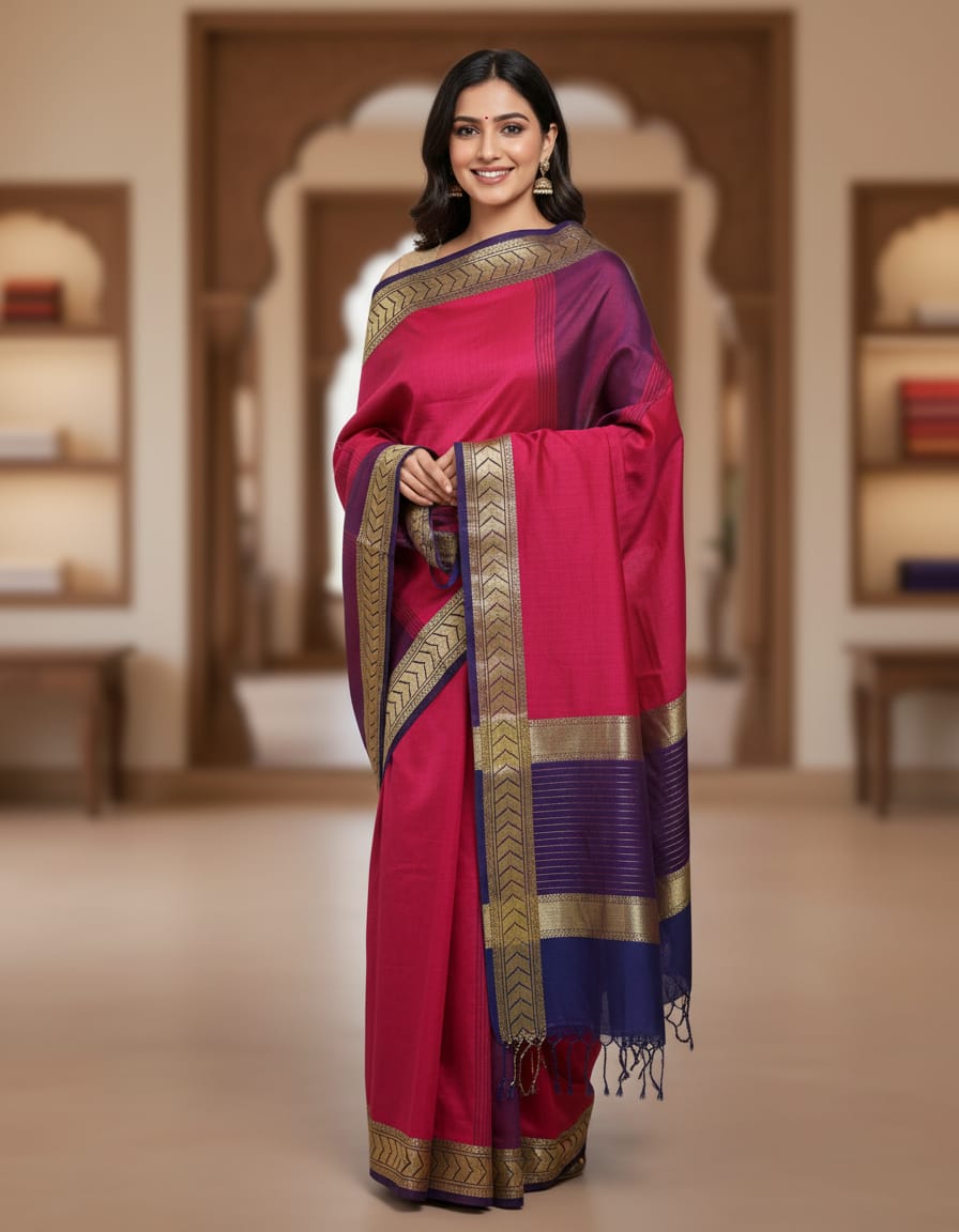 Rani Color Plain Saree with Purple & Golden Border
