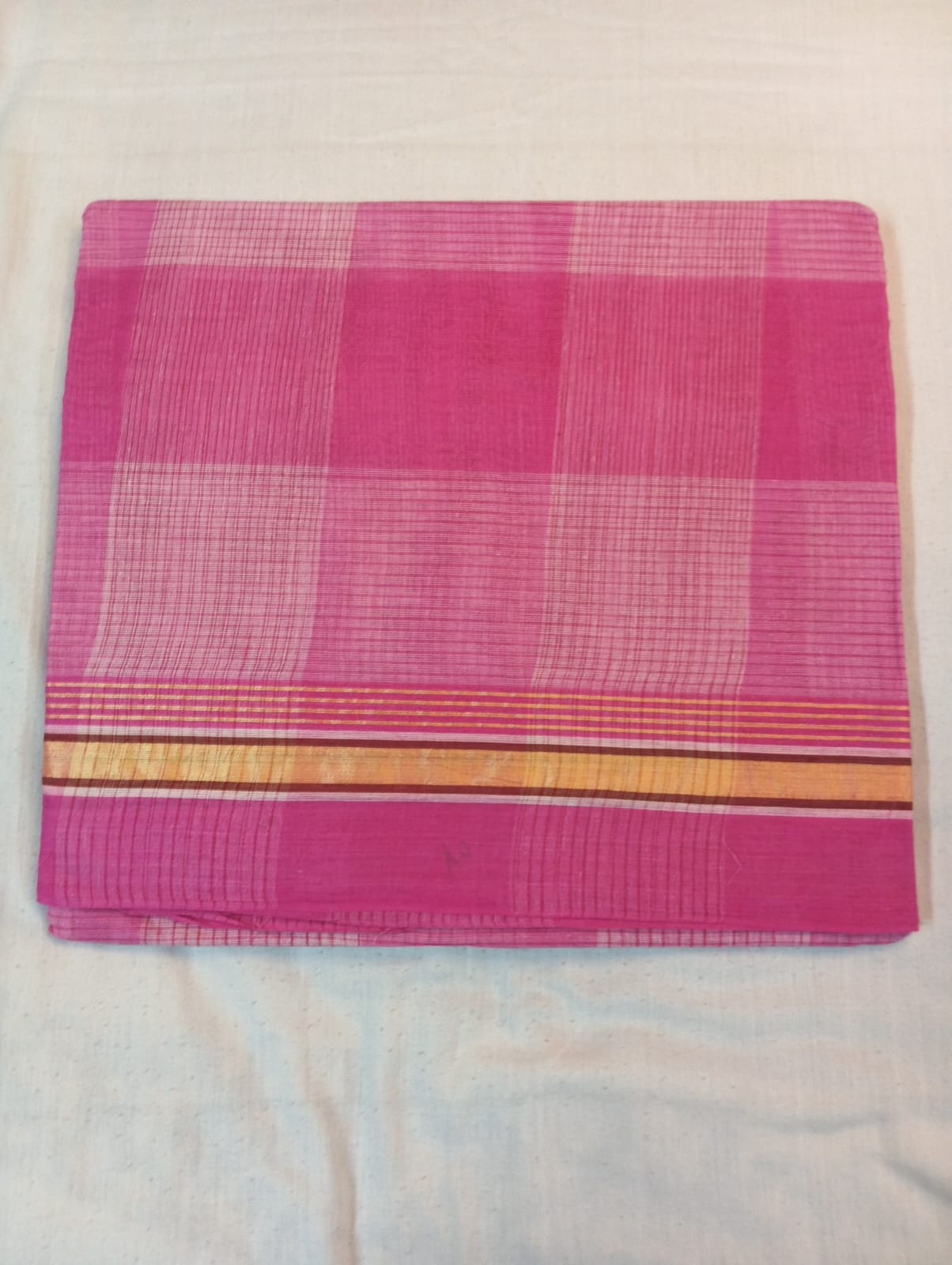 Pink & Cream Double Color Big Check Saree with Pink Border