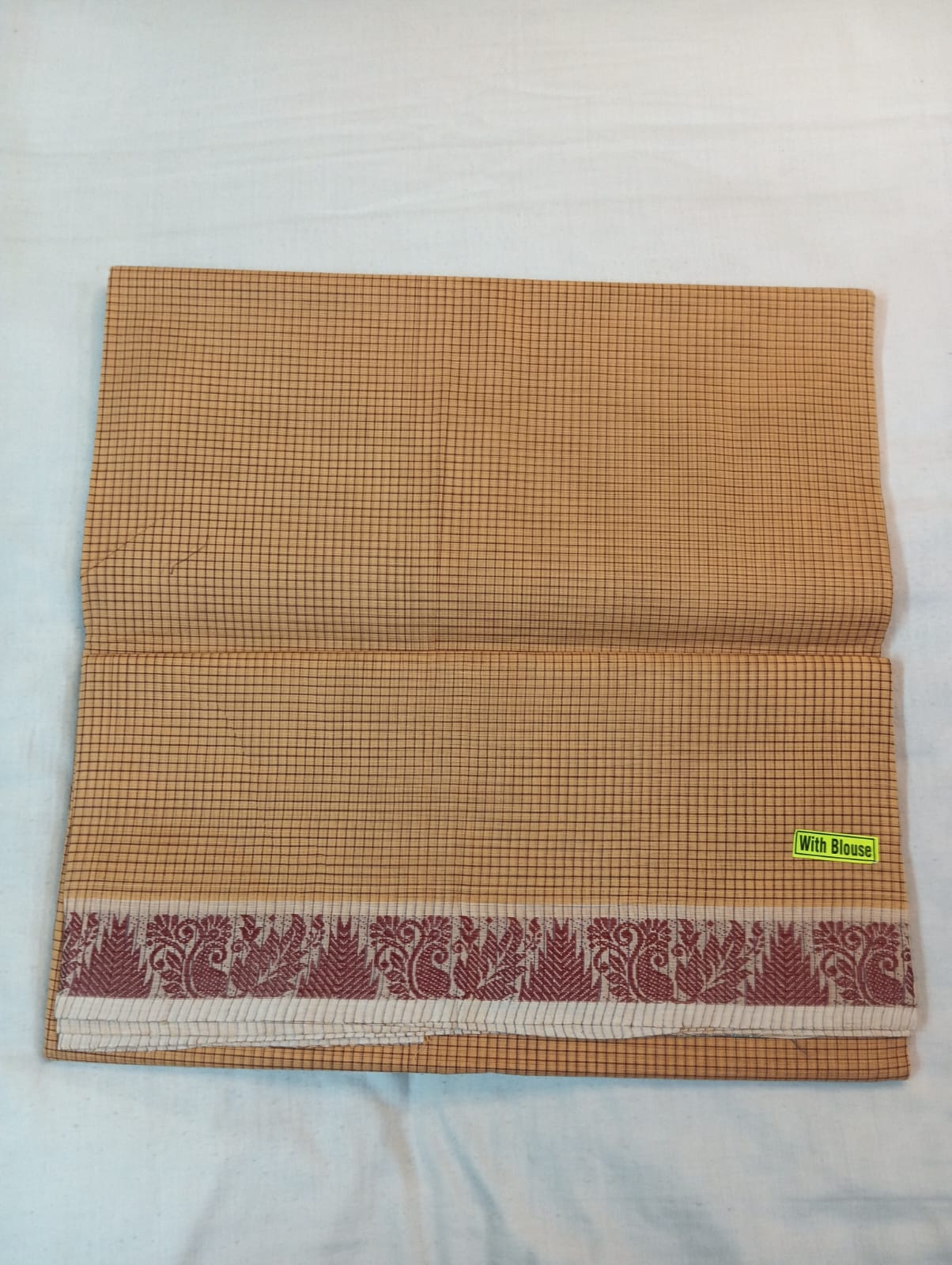 Biscuity Small Check Saree with Fancy Maroon Thread Border (With Blouse Piece)