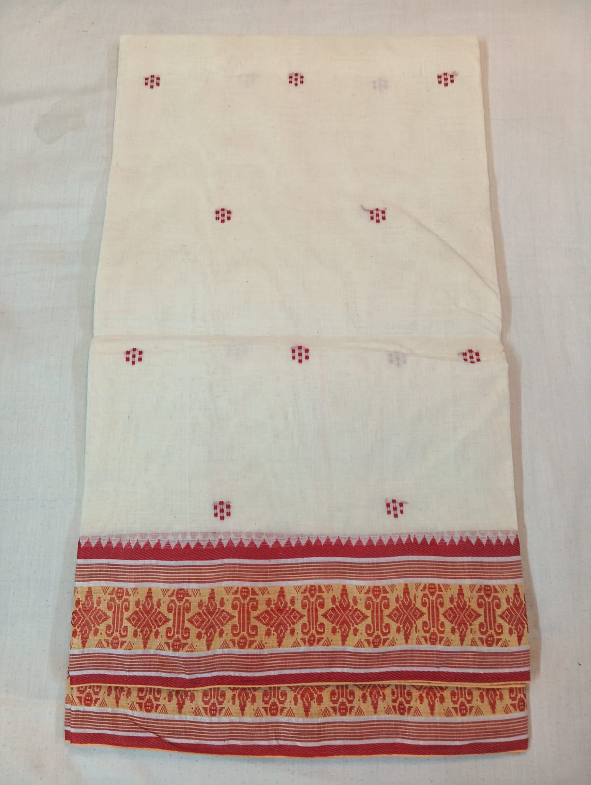 White Handloom Saree with Red Buti and Red Border