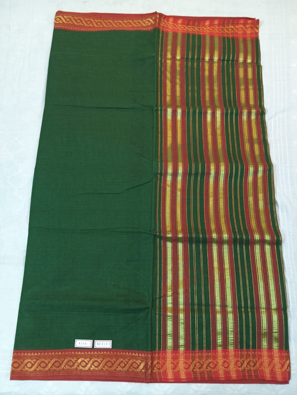 Mehendi Green Saree with Red Border & Striped Golden Anchal