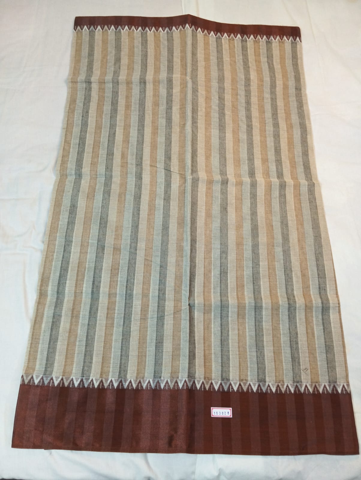 Grey & Biscuity Double-Coloured Striped Cotton Handloom Saree with Coffee Border