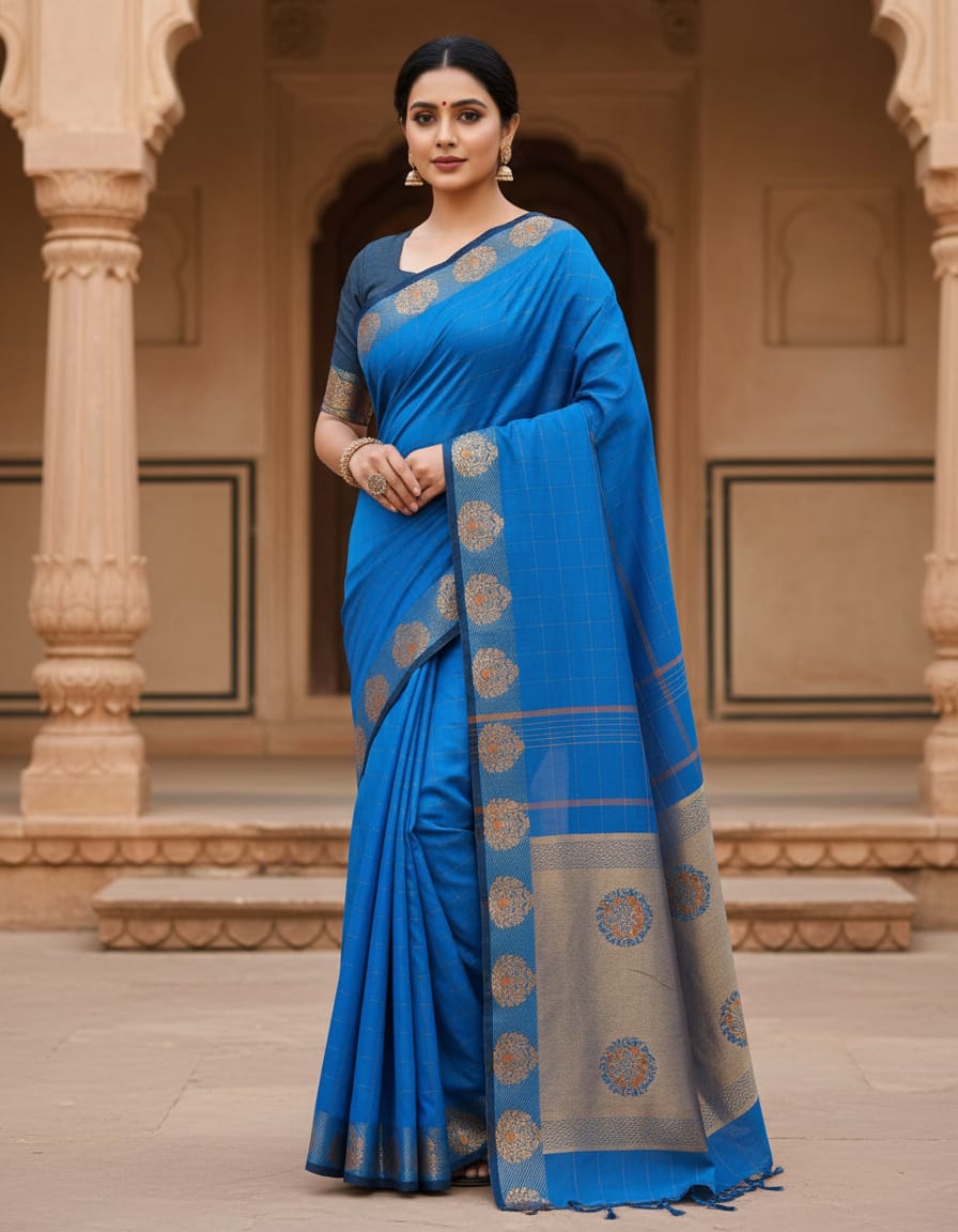 Ferozi Medium Check Saree with Navy Blue & Golden Fancy Border (With Blouse Piece)