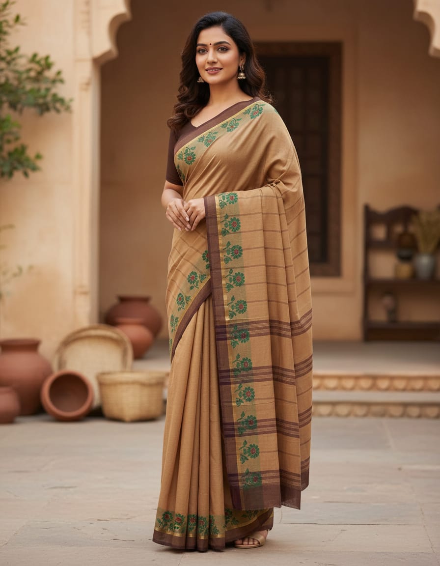 Biscuity Plain Saree with Coffee brown & Green Fancy Border (With Blouse Piece)