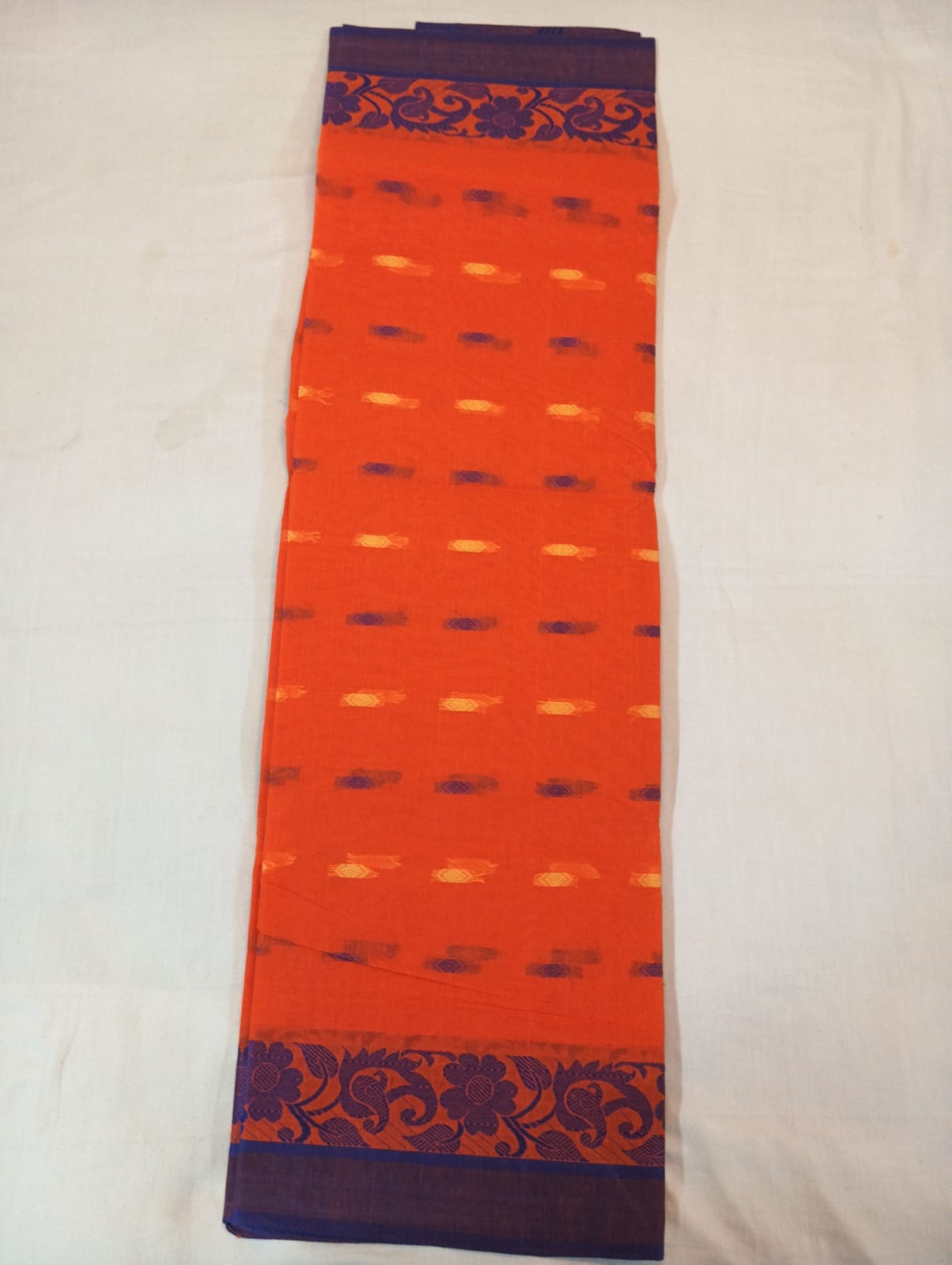 Orange Buti Handloom Cotton Saree with Delicate Woven Motifs