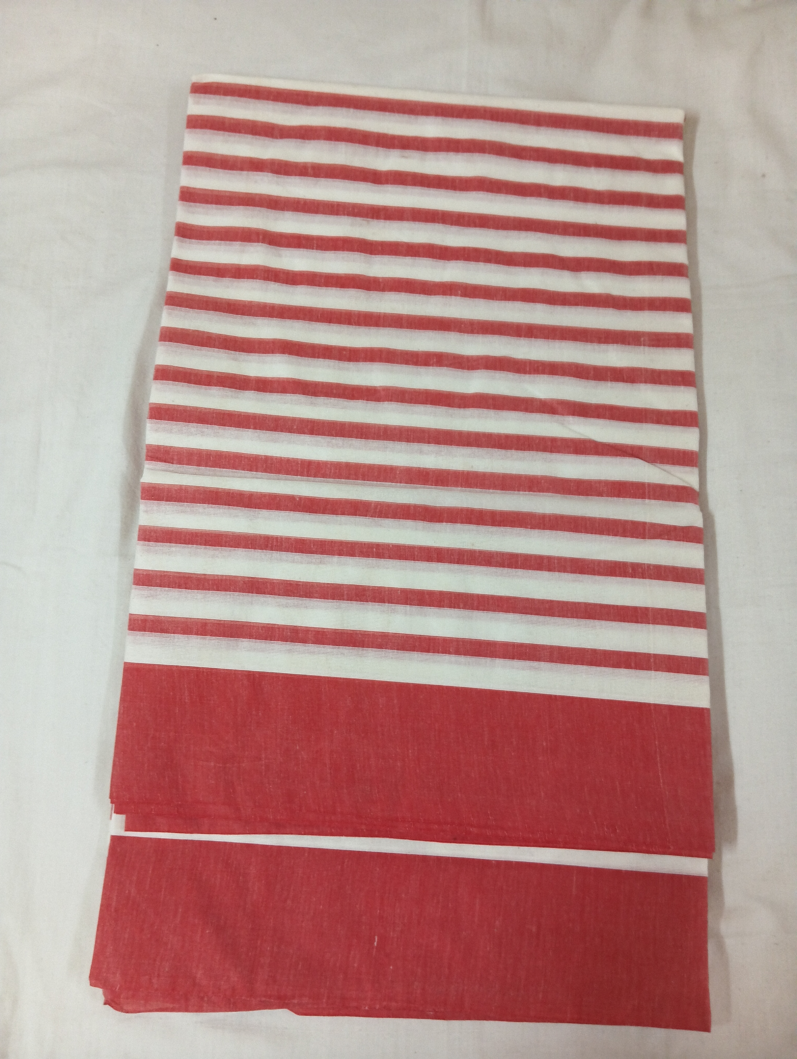 Elegant Red & White Striped Cotton Saree with Red Border