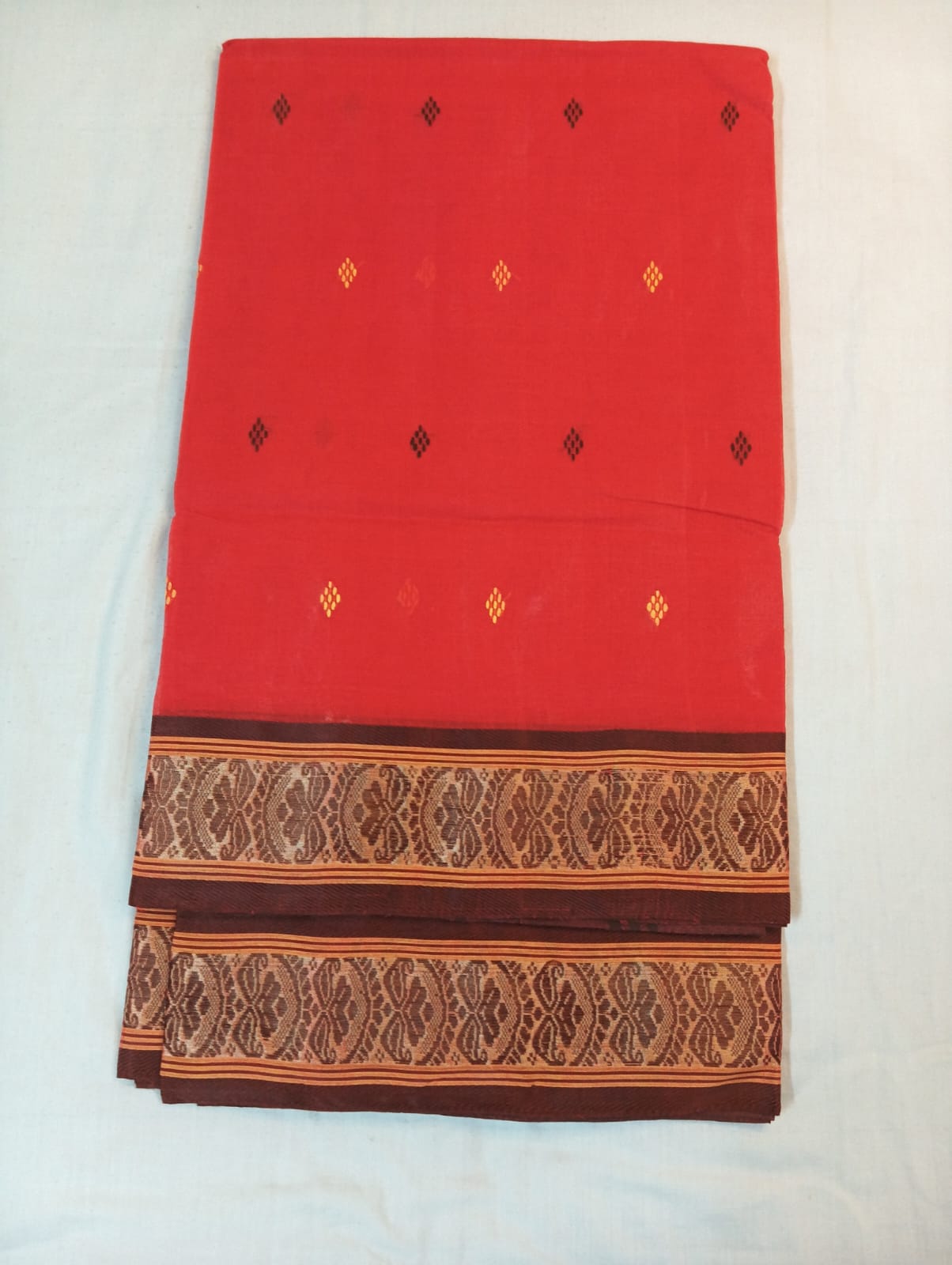 Gajari Color Saree with Maroon & Yellow Small Buti and Fancy Zari Border