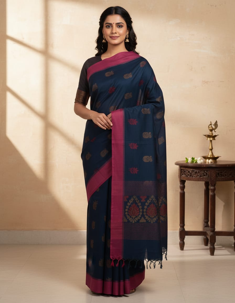 Peacock Shade Saree with Rani Plain Border & Golden-Rani Buti Rich Pallu (With Blouse Piece)