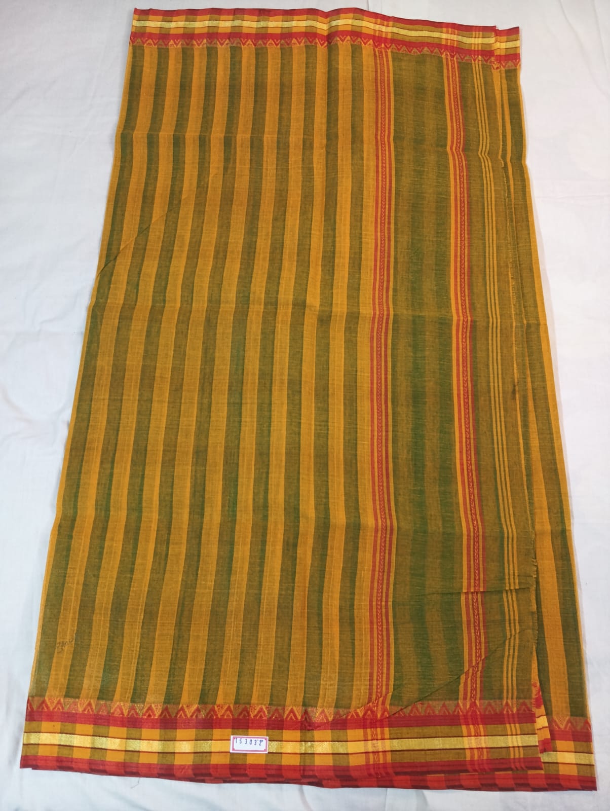 Yellow & Green Striped Saree with Red & Golden Border