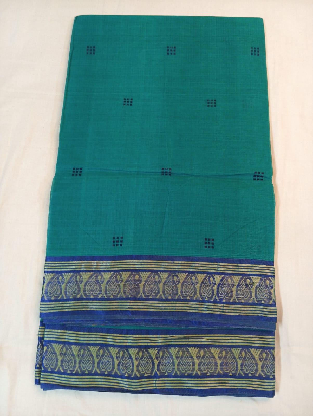 Ferozi Saree with Yellow & Royal Blue Small Buti and Fancy Royal Blue Border