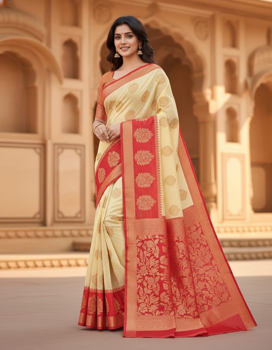Cream Handloom Saree with Golden Buti and Red Border
