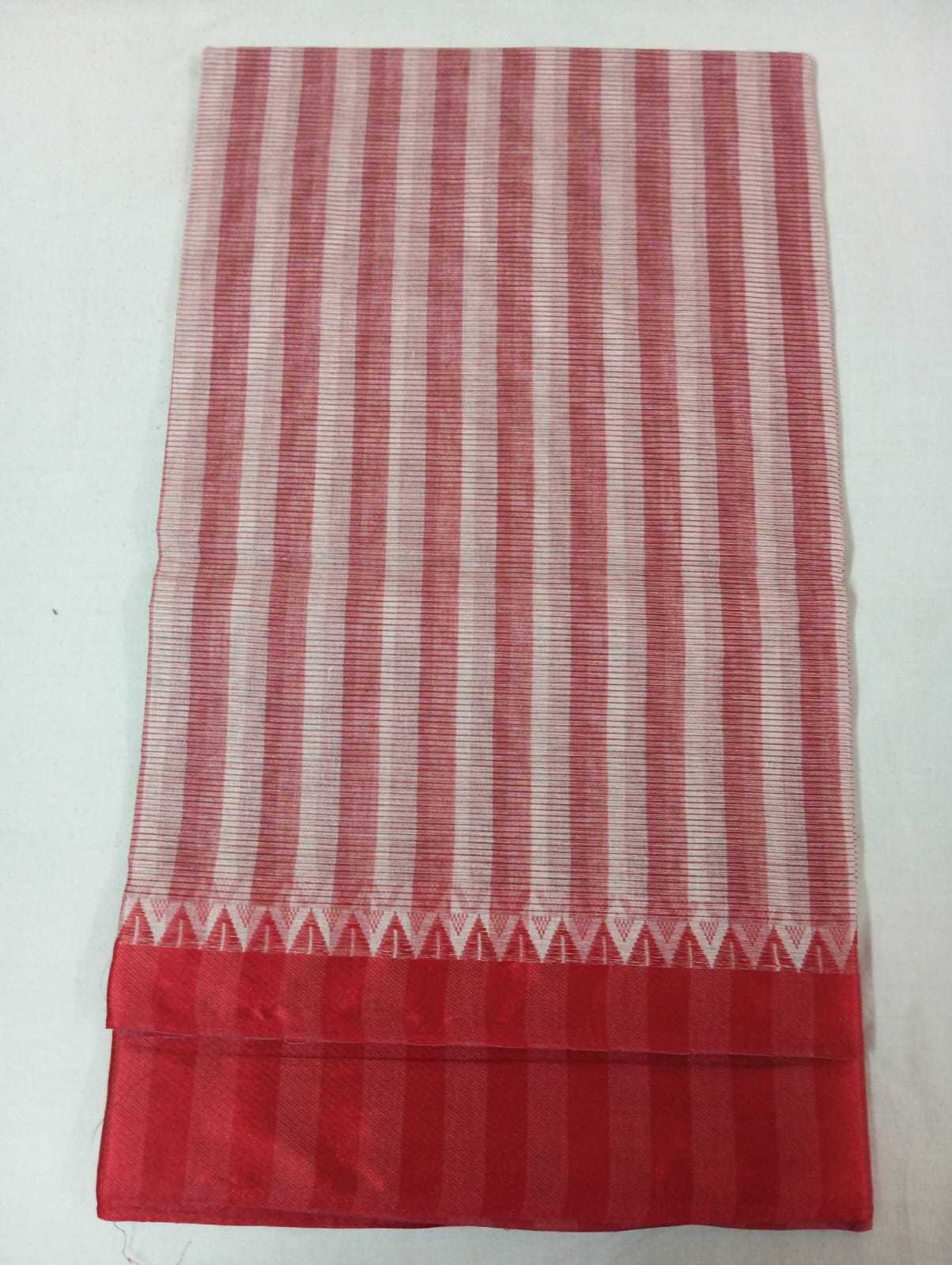 Bold Red Thick-Striped Cotton Handloom Saree with Matching Red Border