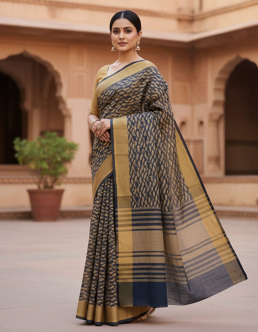 Navy Blue Handloom Panchi Saree with Bird Motifs and Soft Finish