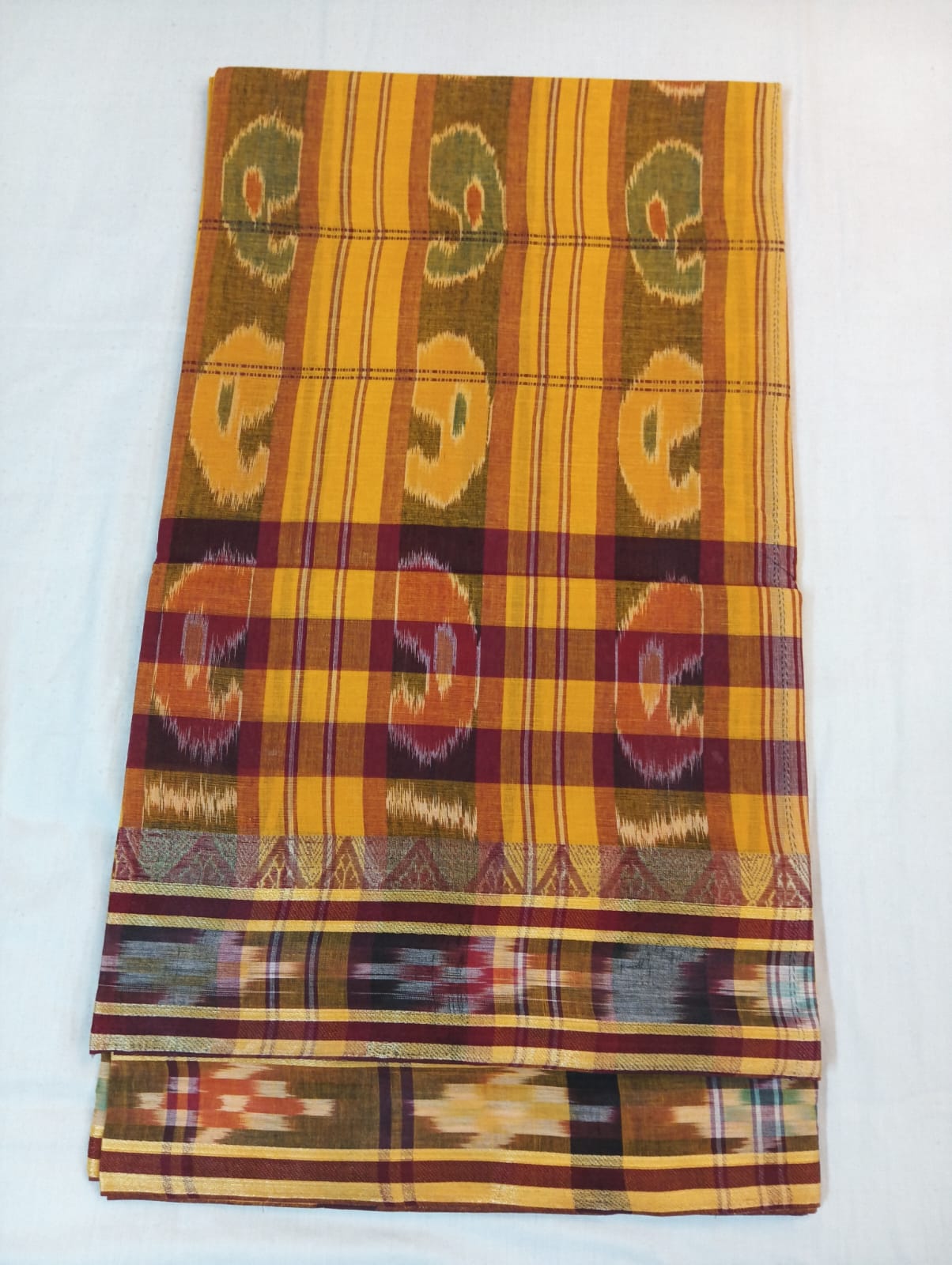 Yellow Kotki Saree with Maroon Stripe & Temple Border