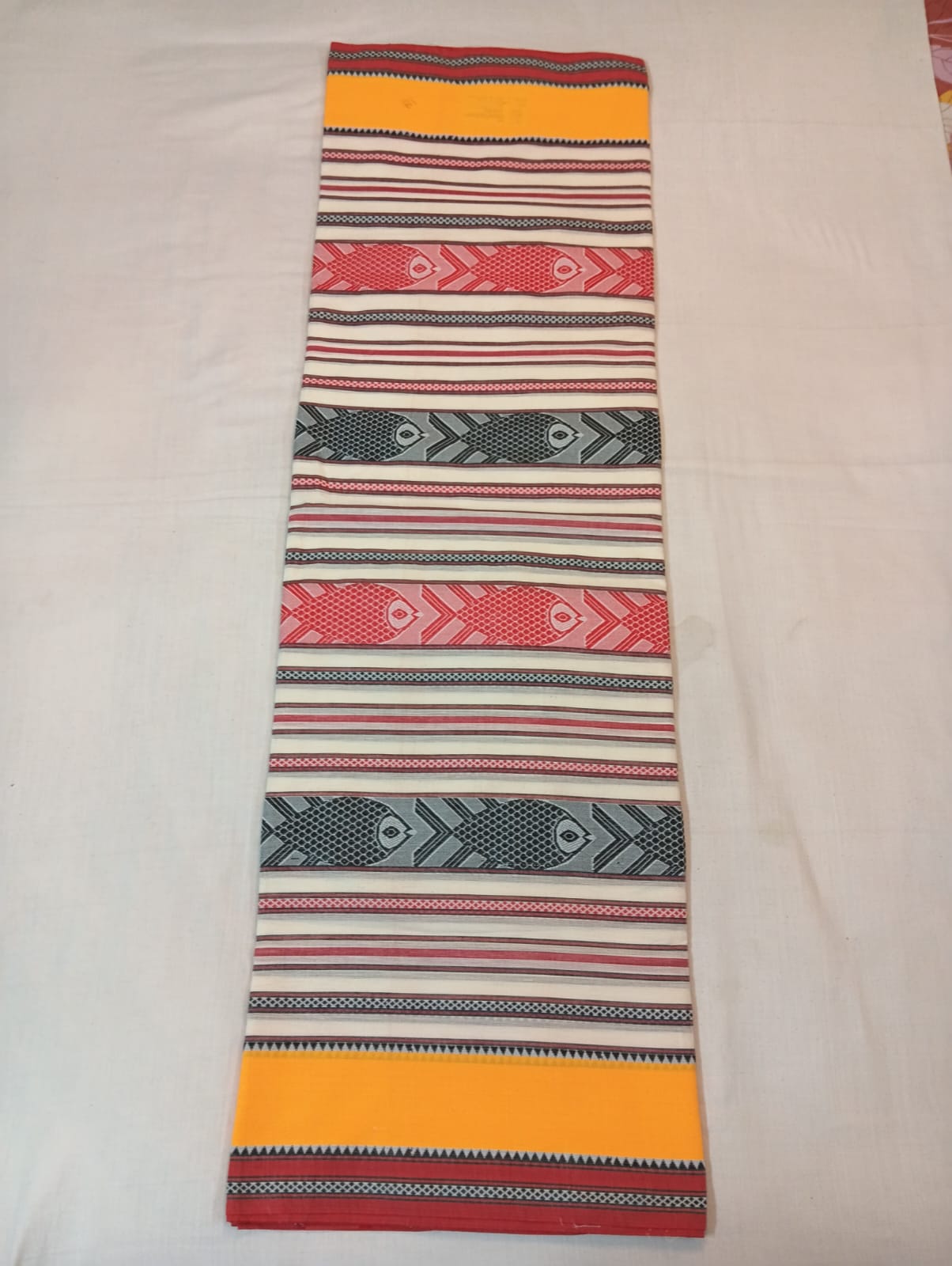Cream Handloom Saree with Red & Grey Matsya Motifs and Yellow Border