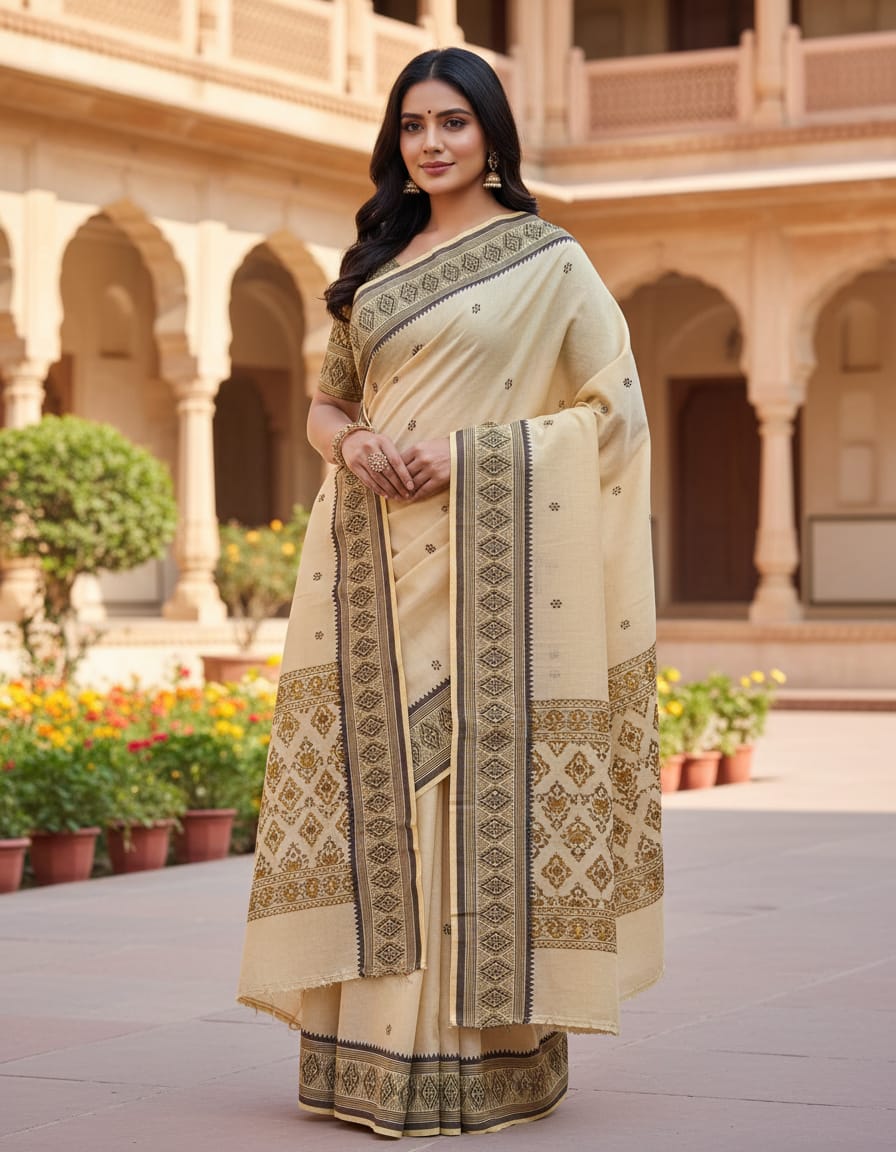 Cream Handloom Saree with Brown Buti and Brown Border