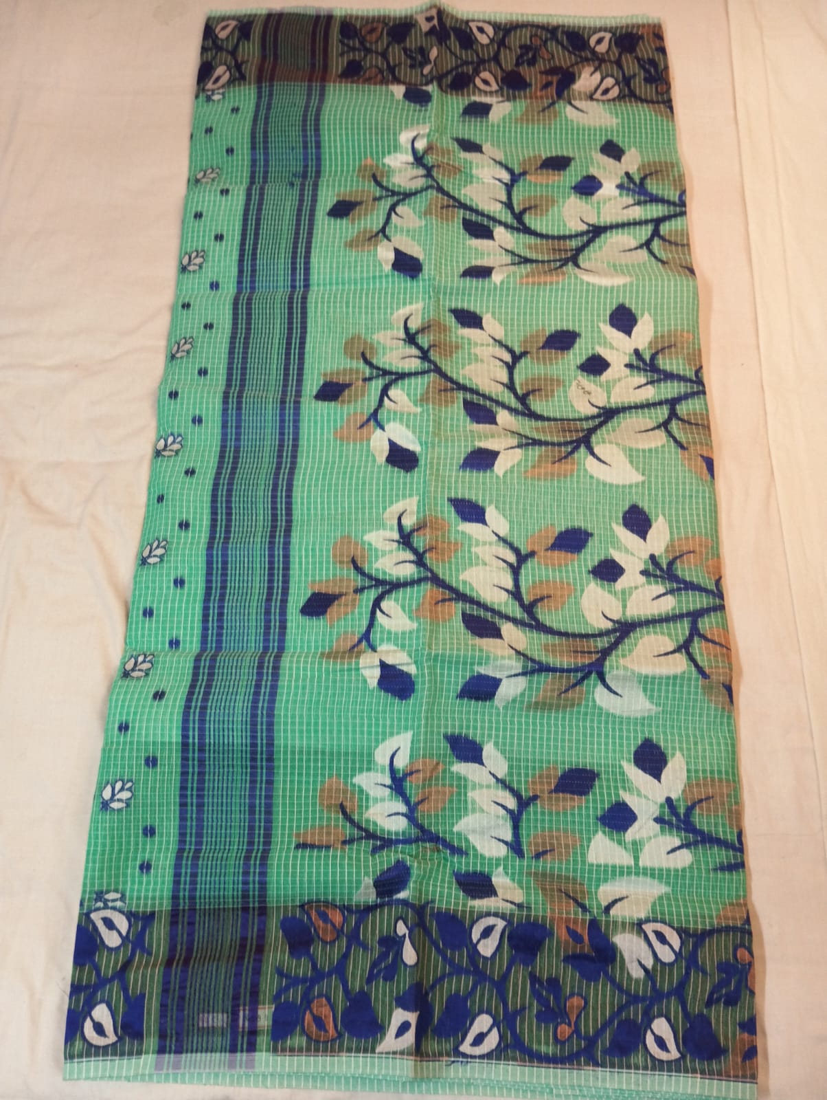 Light Sea Green Kota Check Saree with Fancy Buti, Blue Fancy Border & Rich Pallu