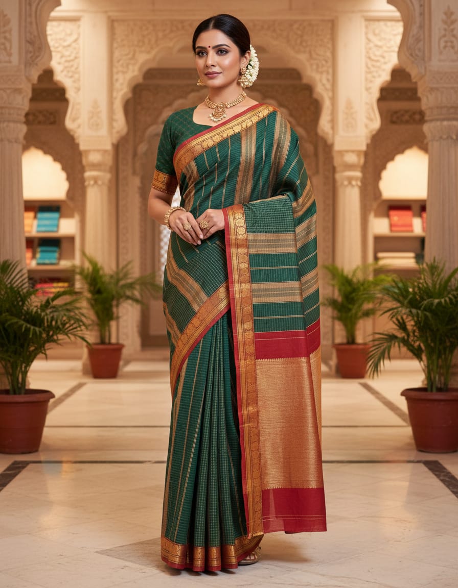 Bottle Green Check Saree with Red & Golden Border (With Blouse Piece)
