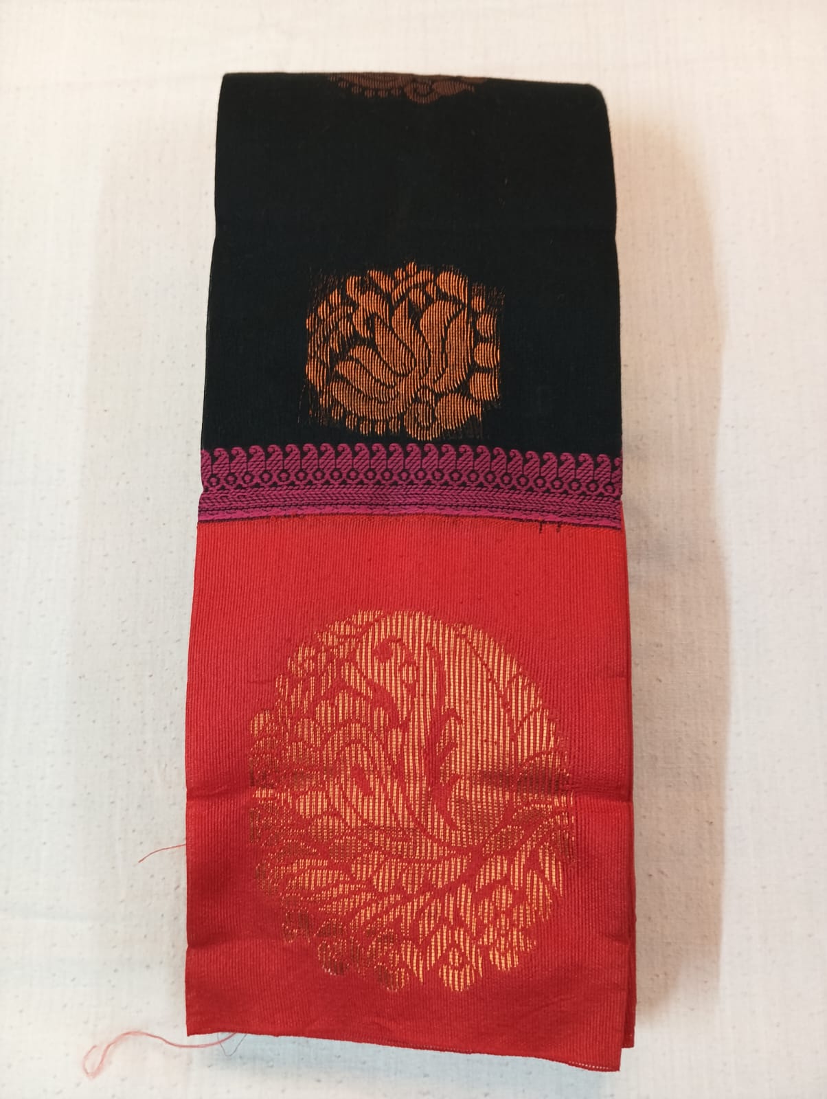 Black Handloom Saree with Golden Buti and Red Border