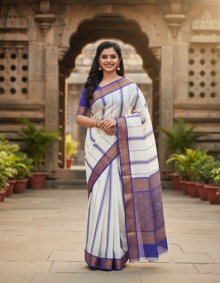 Elegant White Saree with Purple & Golden Border (With Blouse Piece)