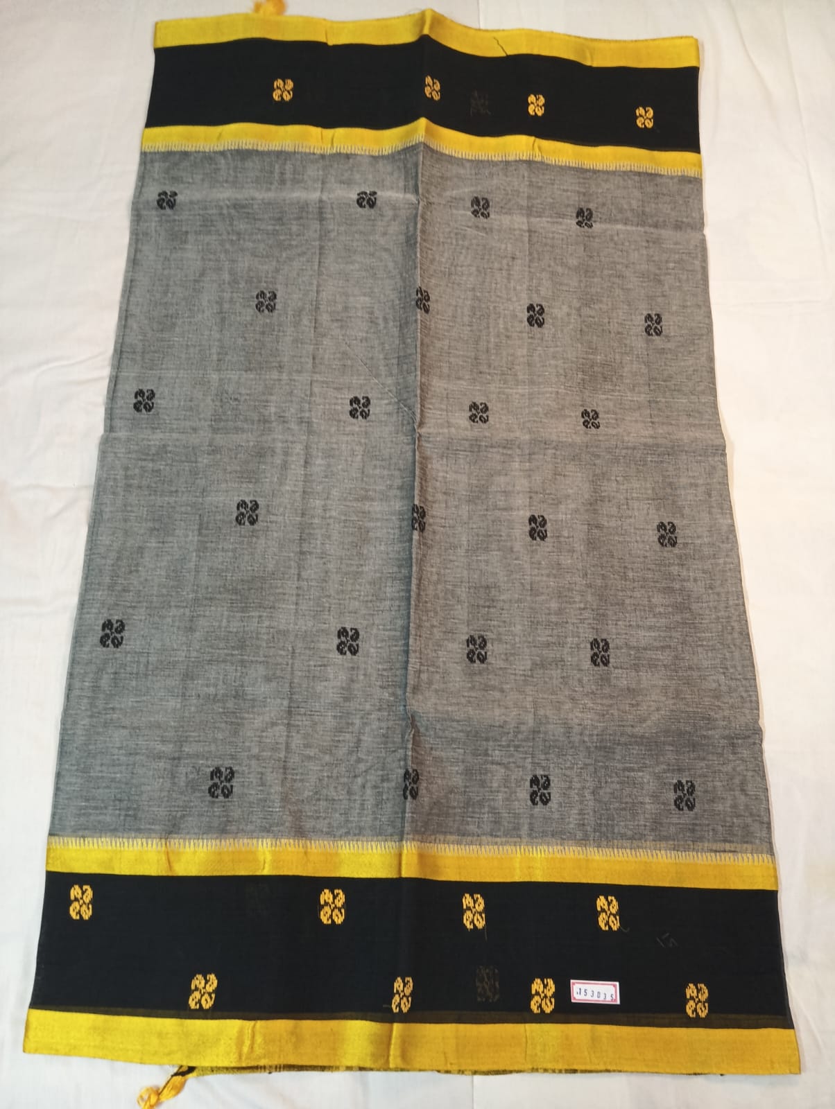 Grey Handloom Buti Saree with Golden Strip and Black Border with Golden Buti