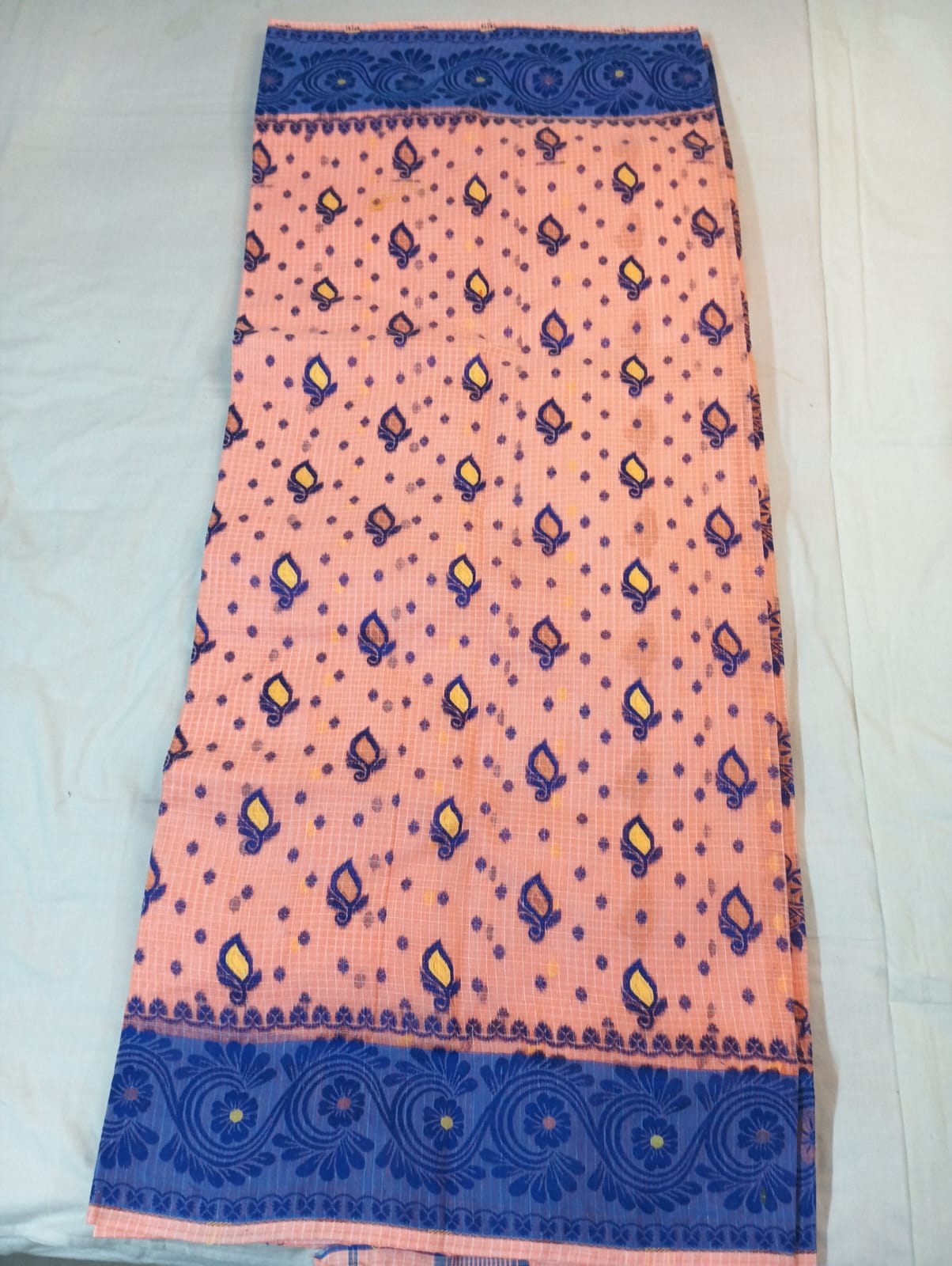 Light Peach Kota Check Saree with Fancy Buti, Royal Blue Border & Rich Pallu