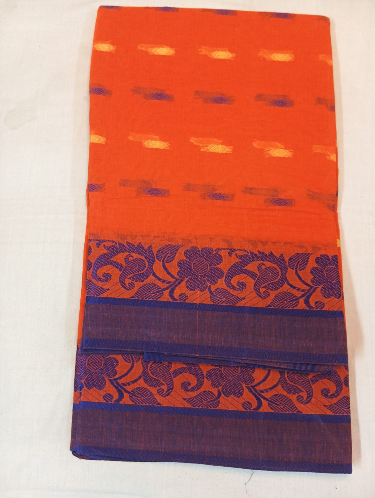 Orange Buti Handloom Cotton Saree with Delicate Woven Motifs