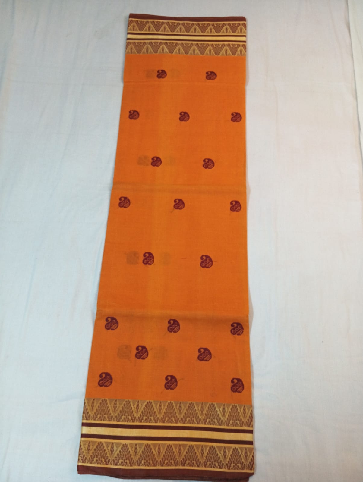 Orange Saree with Maroon Buti & Double Temple Border