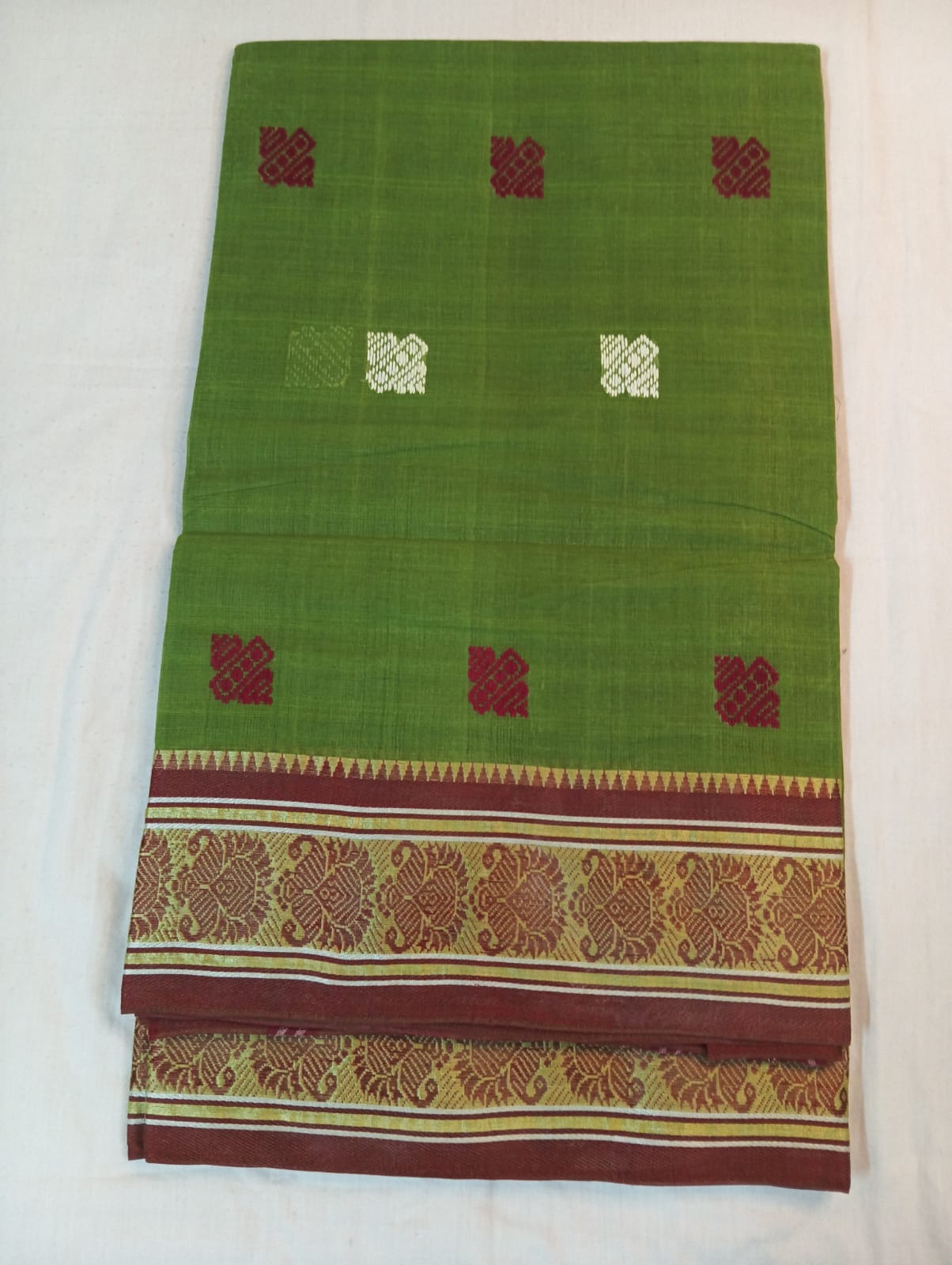 Mehendi Green Saree with White & Maroon Big Buti and Fancy Zari Border