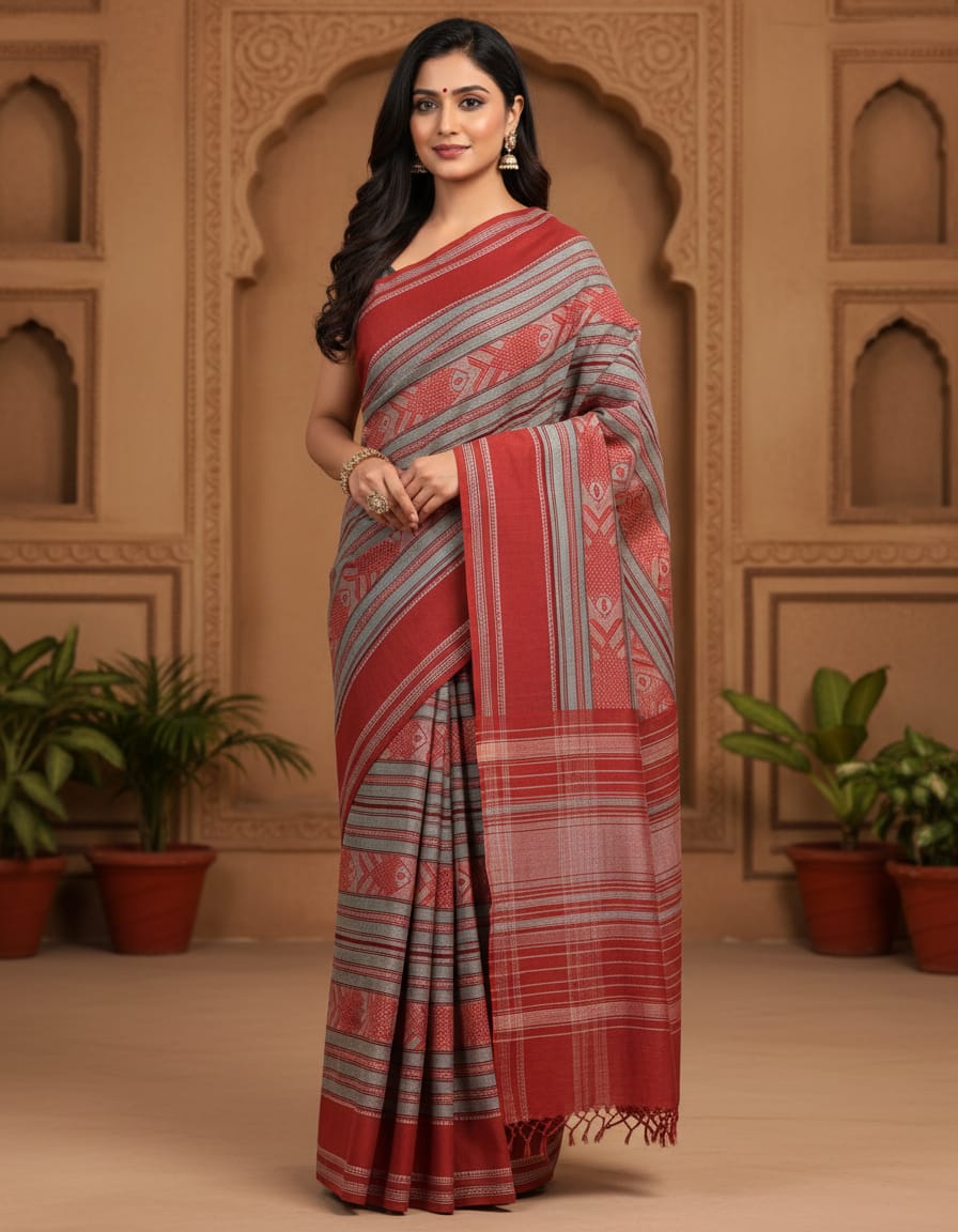 Grey Handloom Saree with Maroon Fish Motifs and Soft Finish