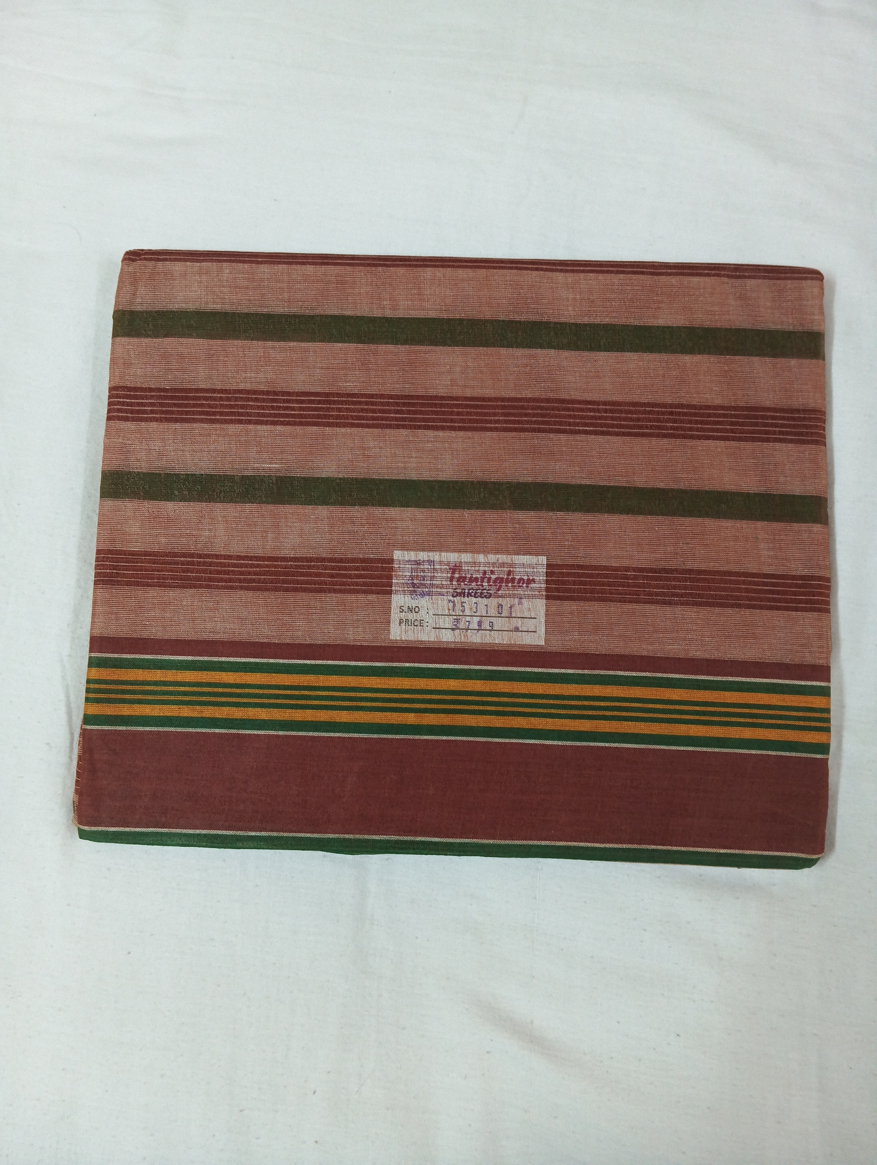 Green & Maroon Striped Saree with Dark Brown Border on Light Brown Base