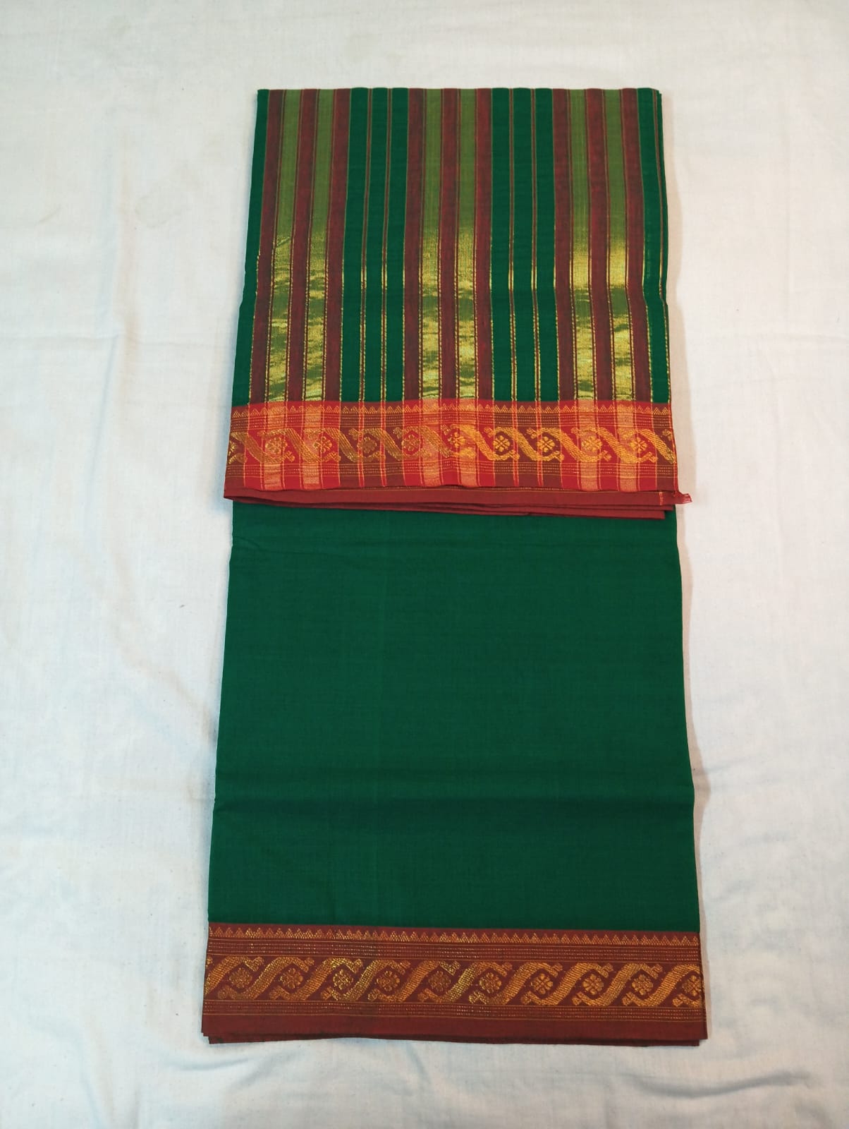 Parrot Green Saree with Red Border & Golden Striped Anchal