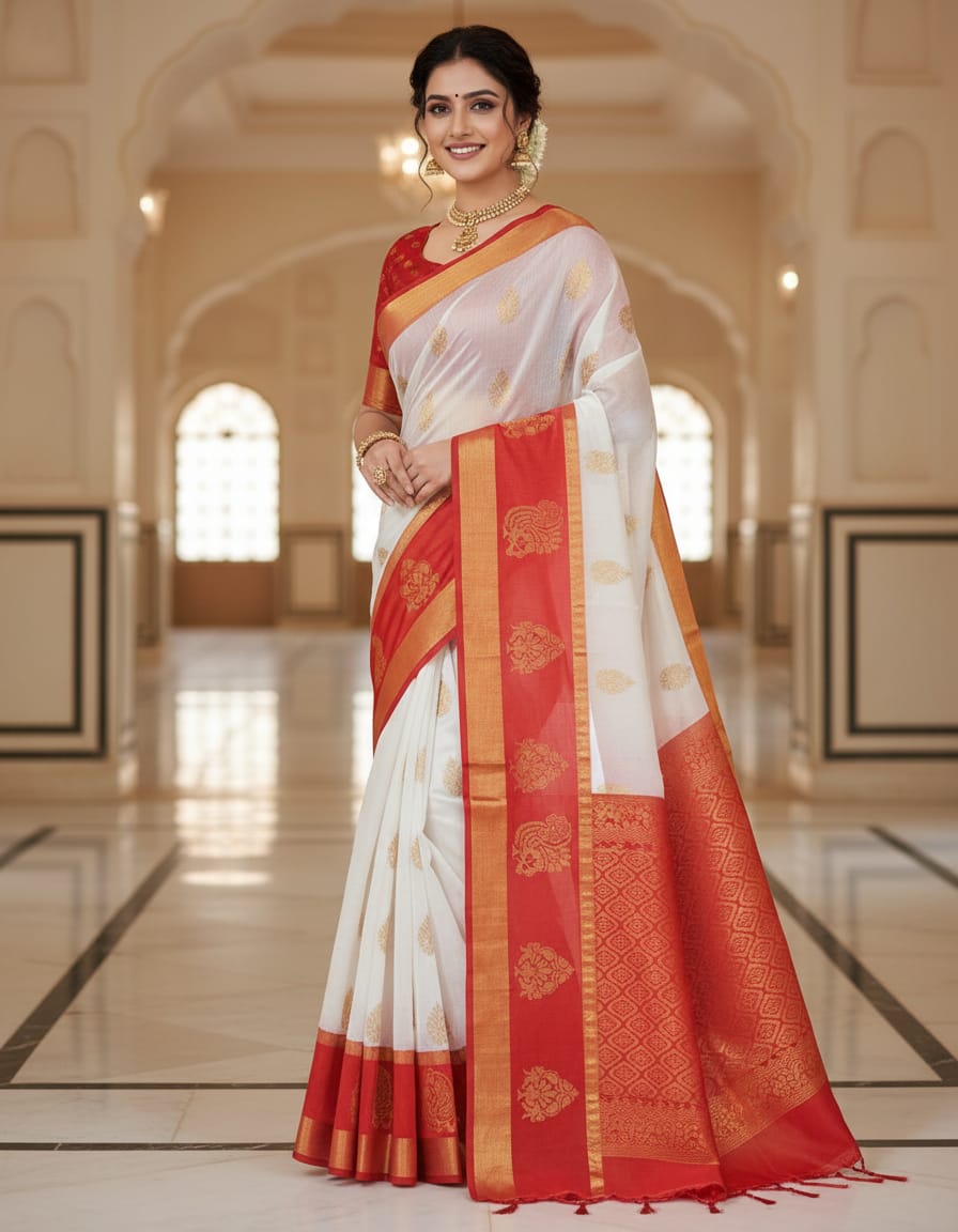 White Handloom Saree with Golden Buti and Red Border