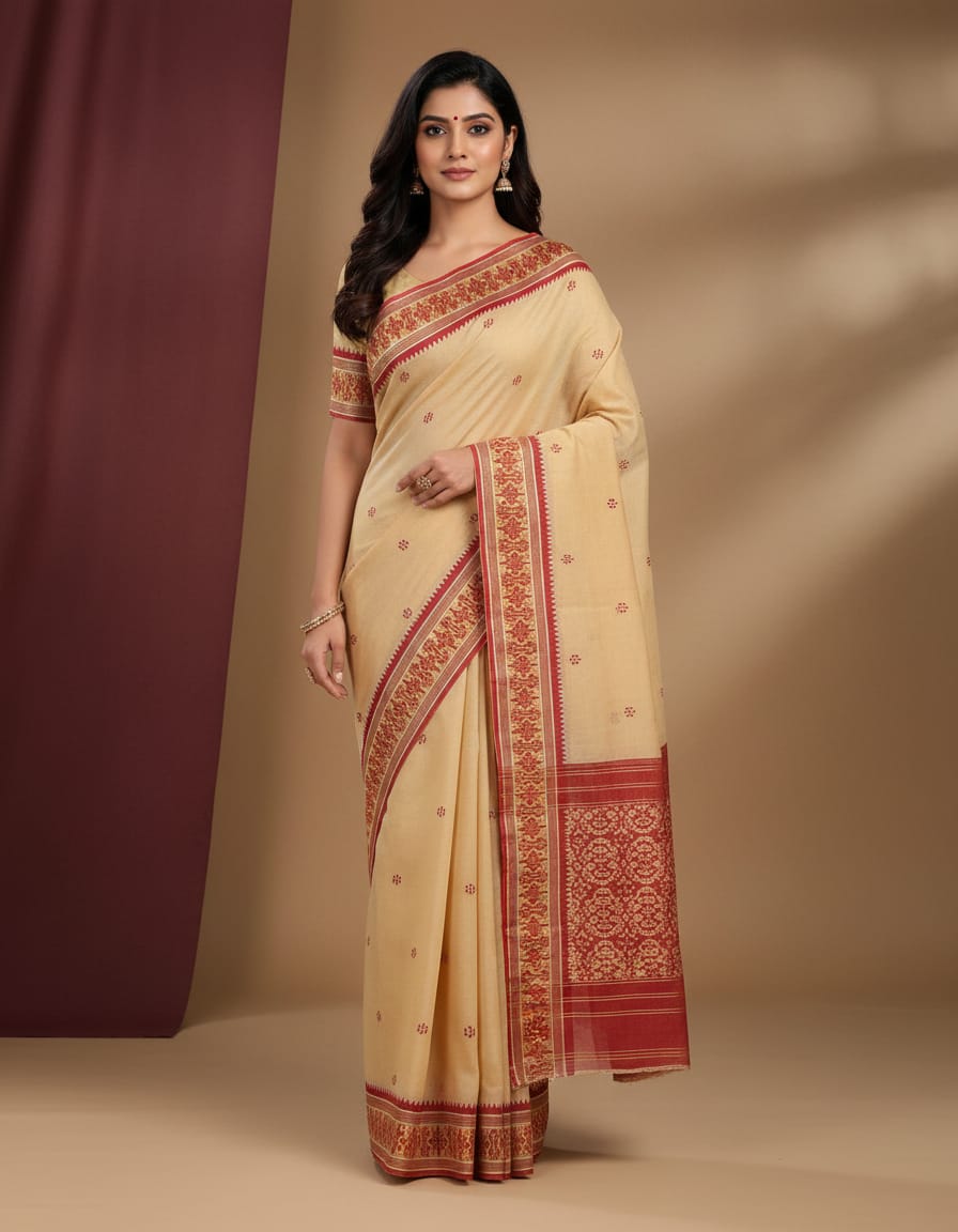 Cream Handloom Saree with Red Buti and Red Border