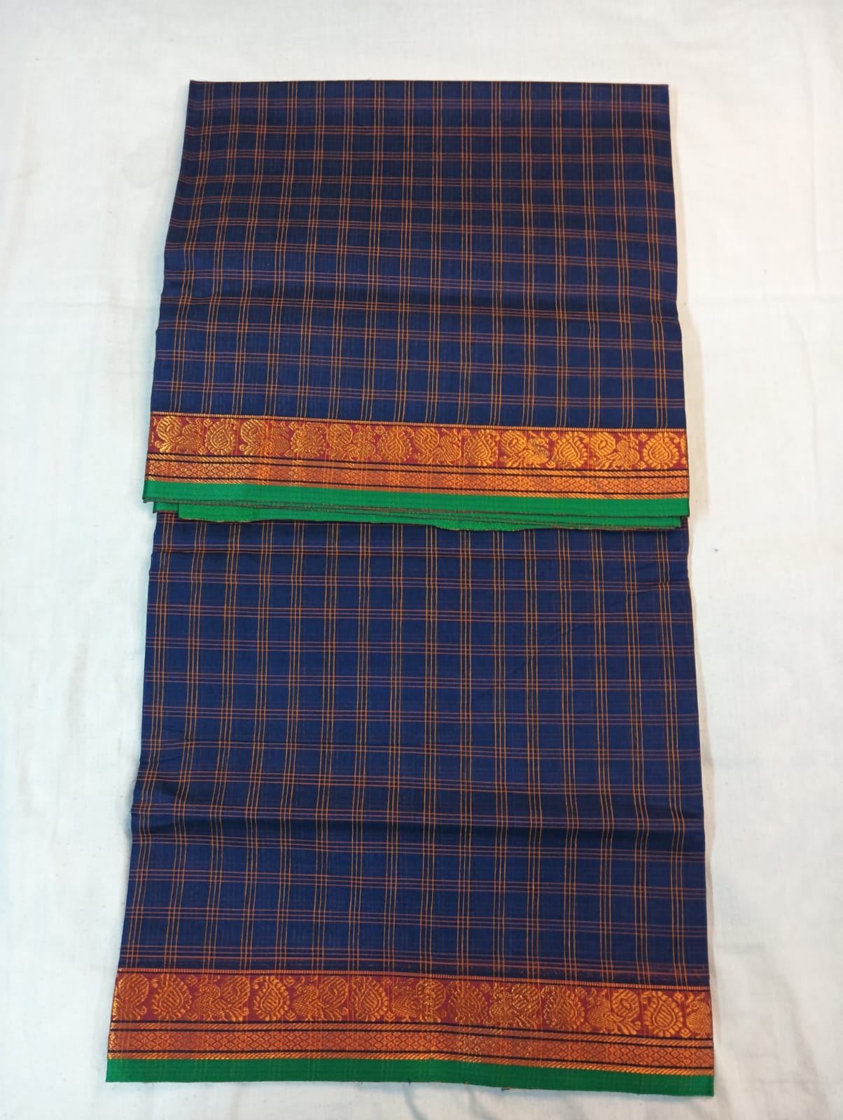 Blue Medium Check Saree with Red & Golden Border (With Blouse Piece)