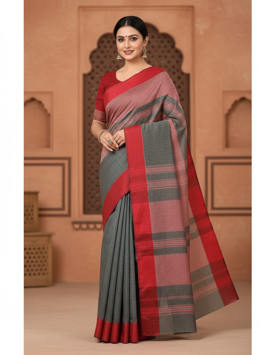 Plain Light Grey Saree with Dark Red Border