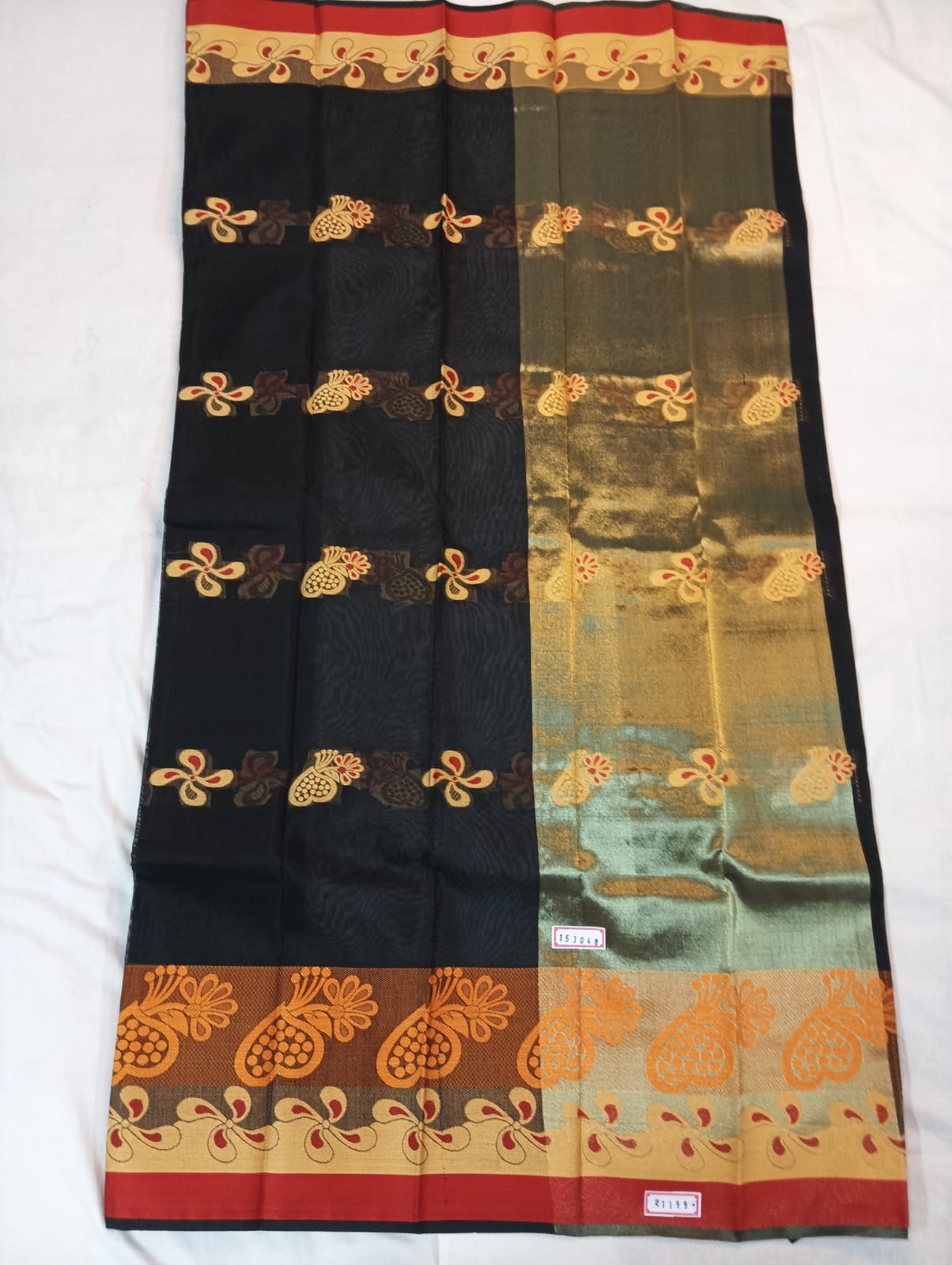 Black Handloom Saree with Golden Buti and Red Border