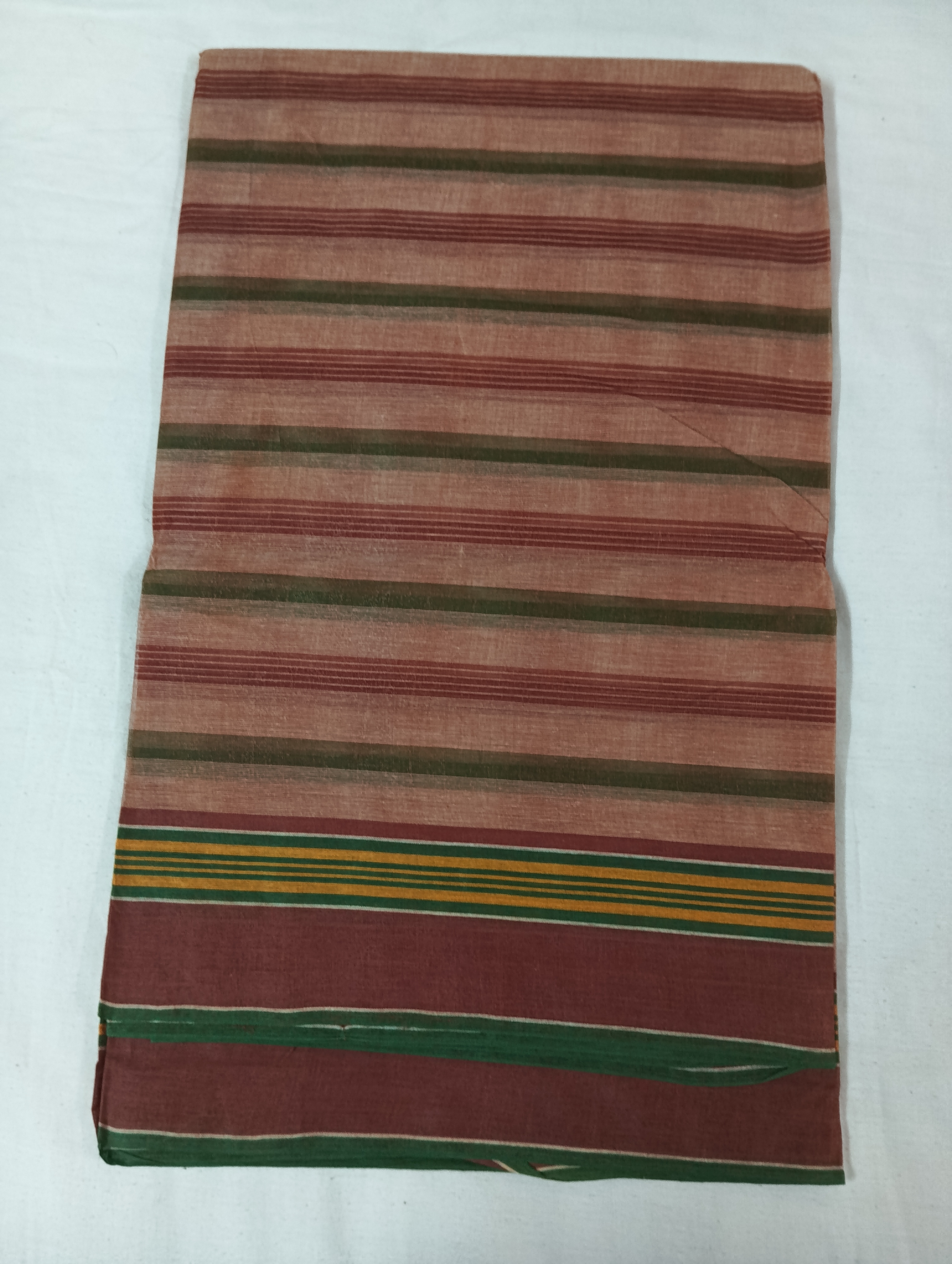 Green & Maroon Striped Saree with Dark Brown Border on Light Brown Base