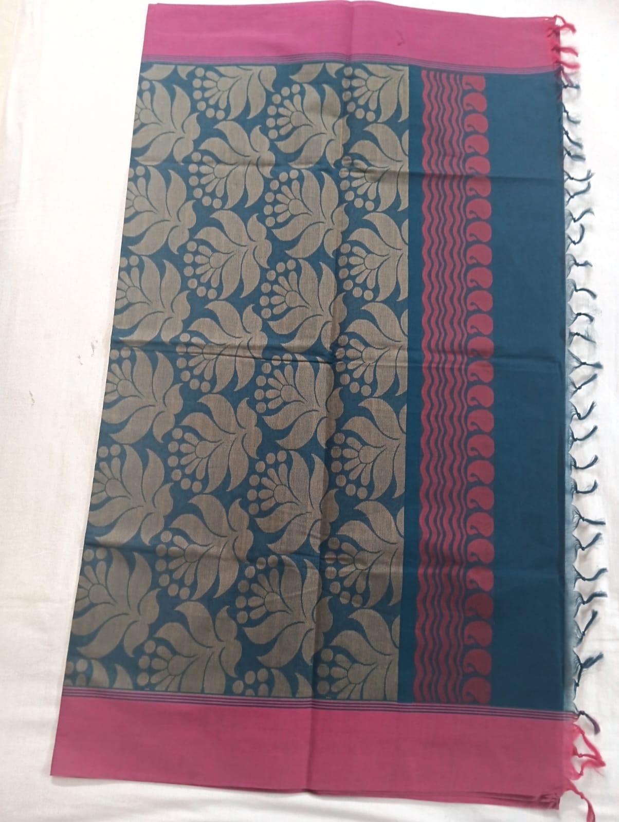 Peacock Shade Saree with Rani Plain Border & Golden-Rani Buti Rich Pallu (With Blouse Piece)