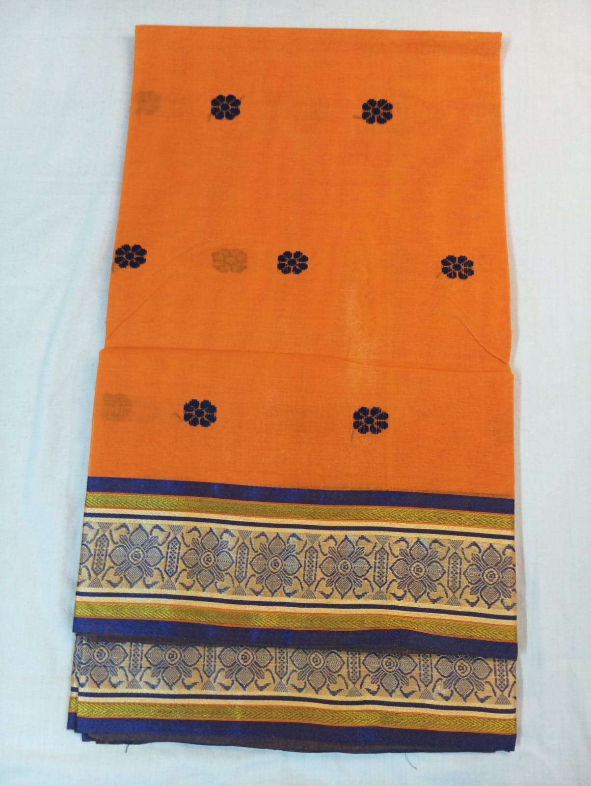 Orange Saree with Navy Blue Big Buti & Fancy Zari Border
