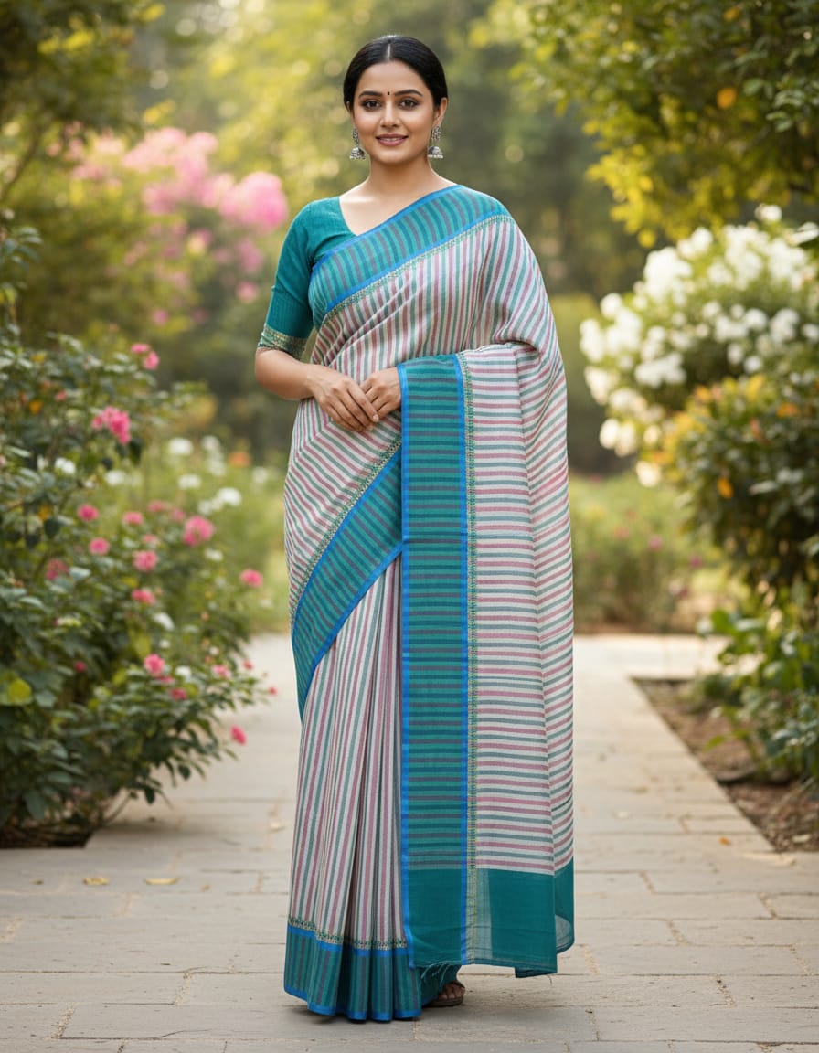 Pink & Ferozi Striped Cotton Handloom Saree with Elegant Ferozi Border