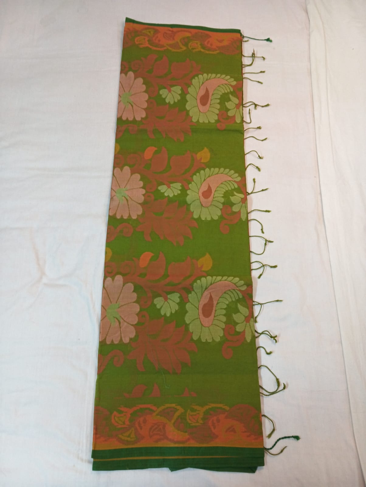 Mehendi Green Cotton Bonolota Saree with Orange Border & Rich Pallu