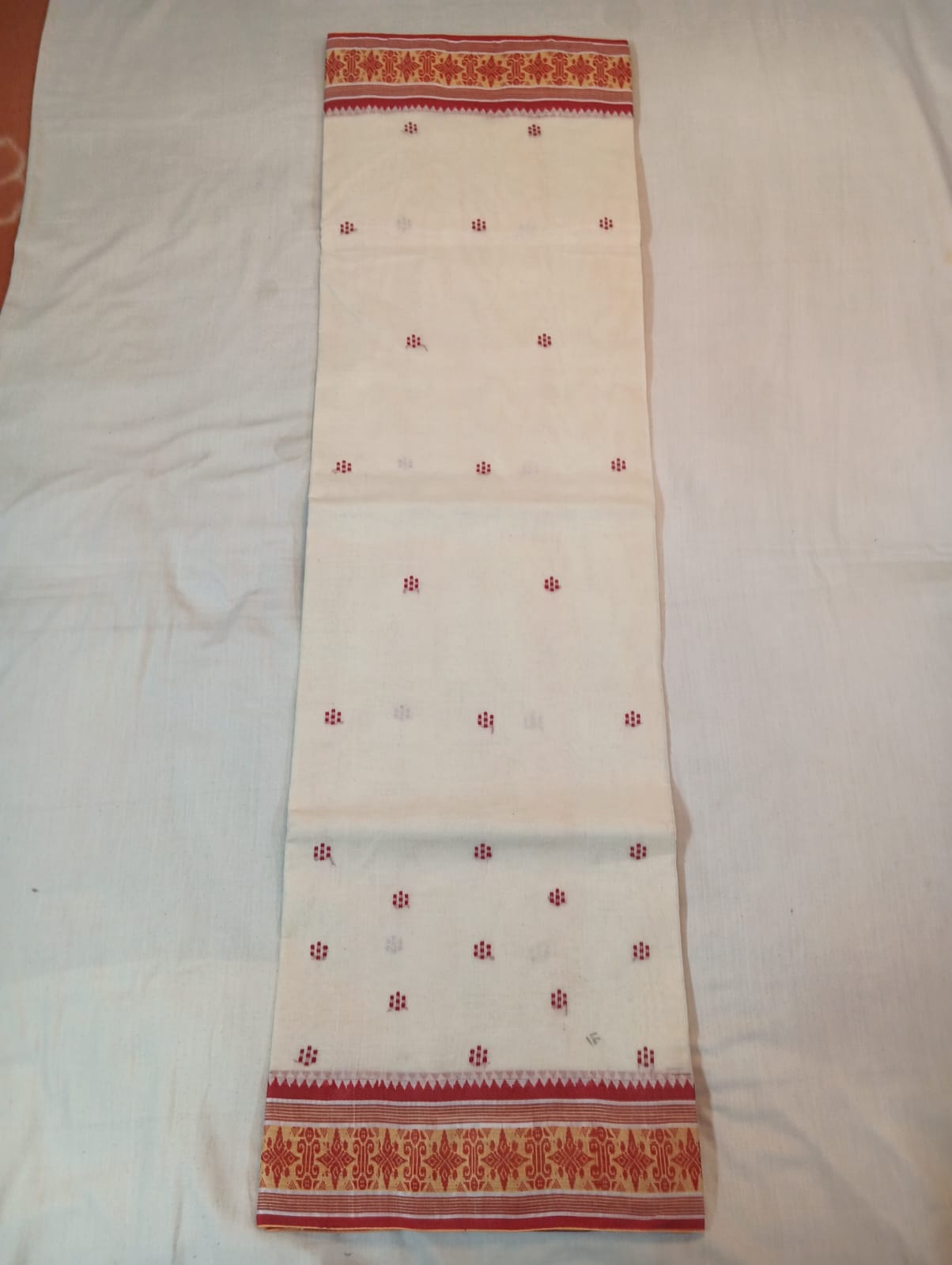 White Handloom Saree with Red Buti and Red Border